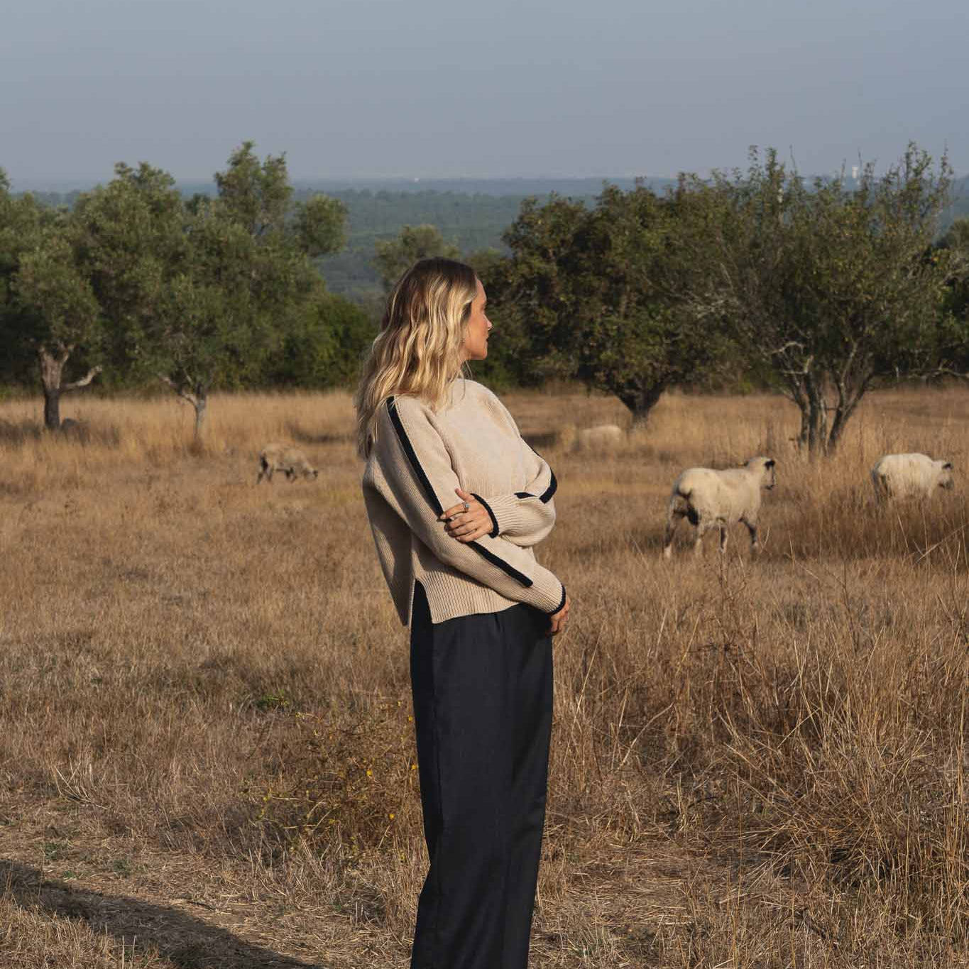 Girl looking at sheep with knit sweater