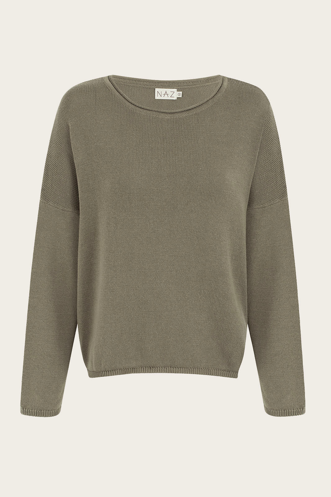 Naz women's recycled cotton sweater. Ethically produced in Portugal this sweater features an oversized fit with a boat neck. 