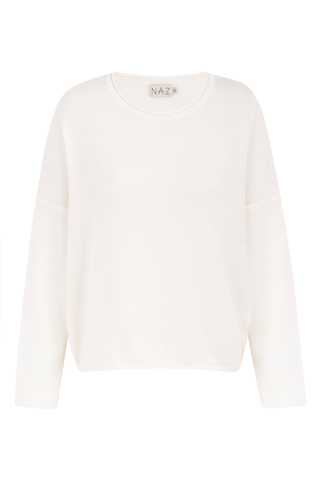 Naz women's crewneck knit sweater in white. Made from a blend of recycled and conventional cotton. 