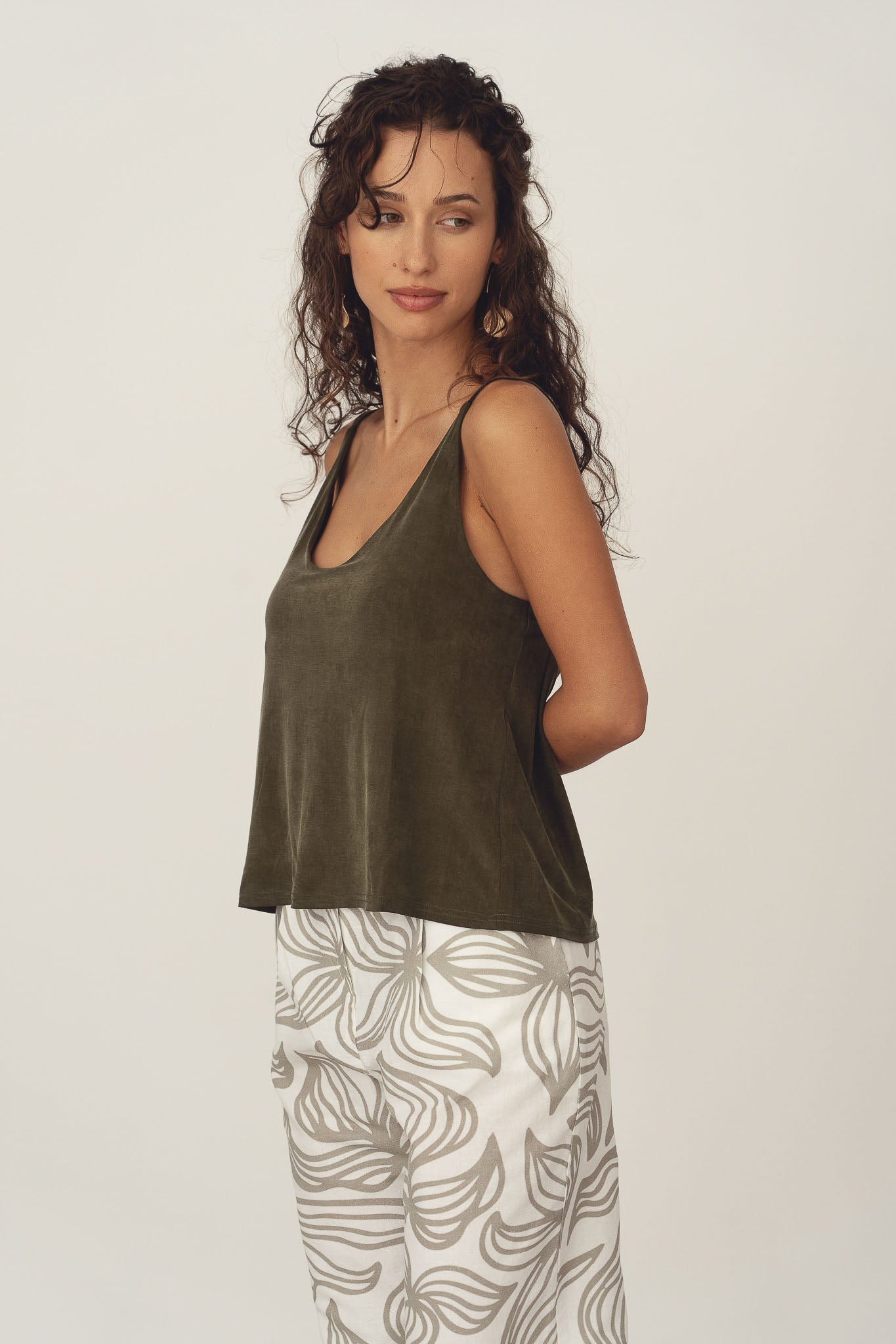 Naz women's thin straps v-neckline top in sage green. Made sustainably in Portugal.