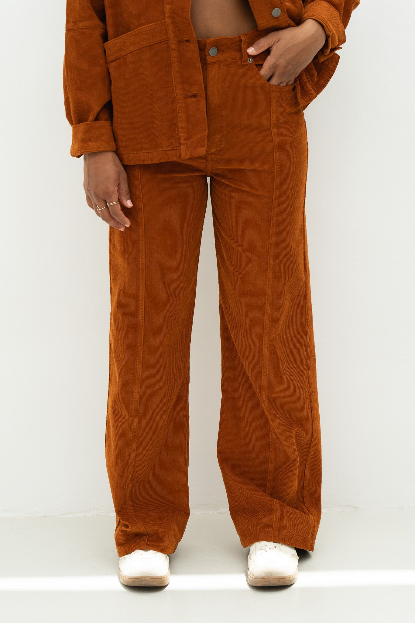 Orange High-Waisted Wide-Leg Corduroy Trousers