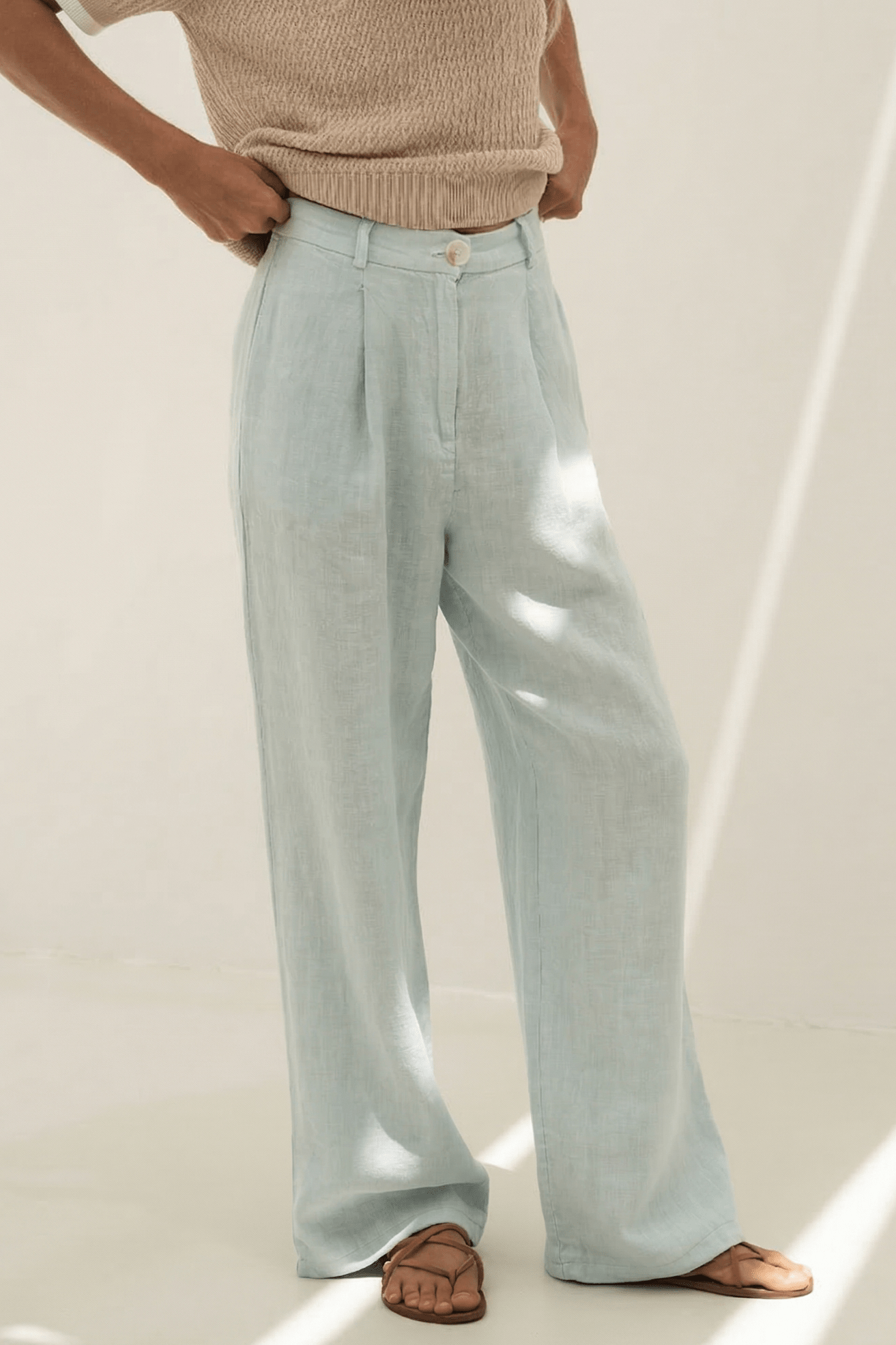 Light Blue Wide Leg Linen Trousers for Women – Näz