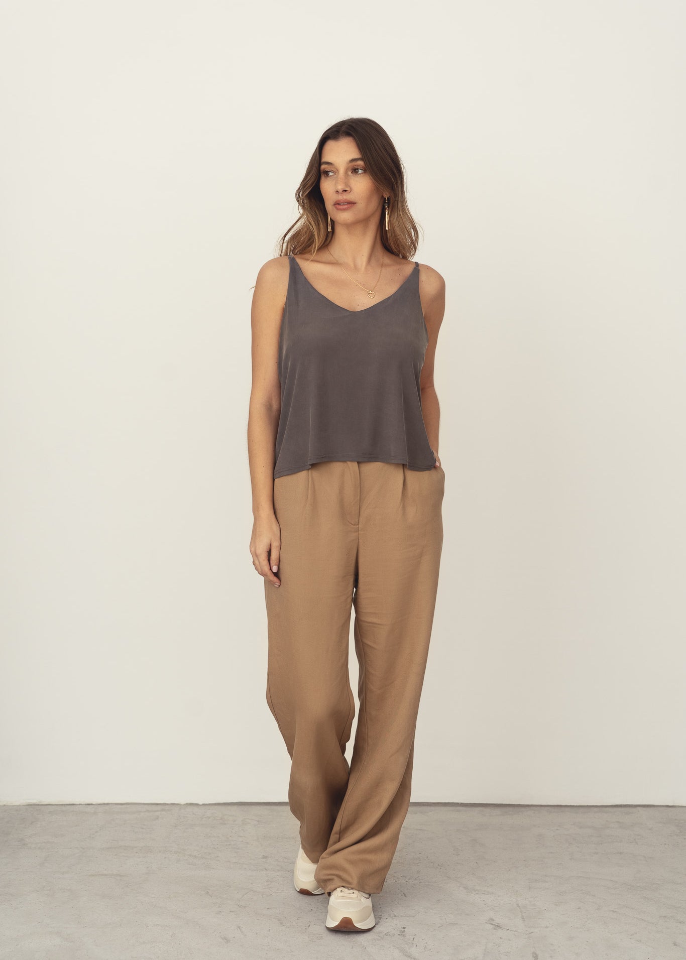 Naz women's cupro top with a v-neckline and thin straps in grey. Made in Portugal. 