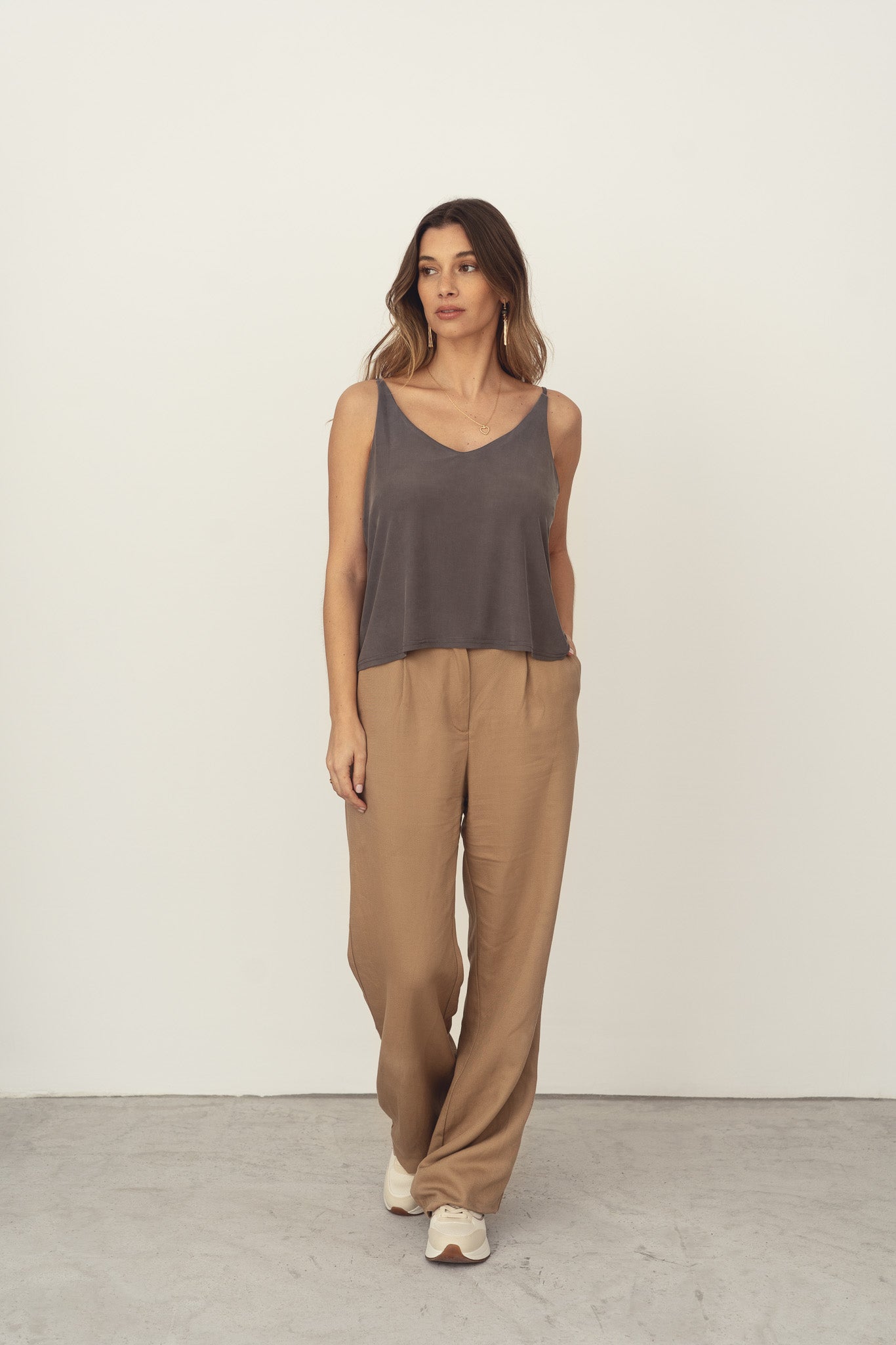 Naz women's breathable summer top with a v-neckline and thin straps in grey. Made in Portugal.