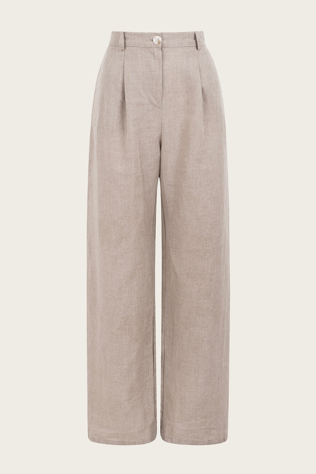 Naz women's natural linen tailored trousers with a high-waisted fit and wide leg. Made in Portugal.