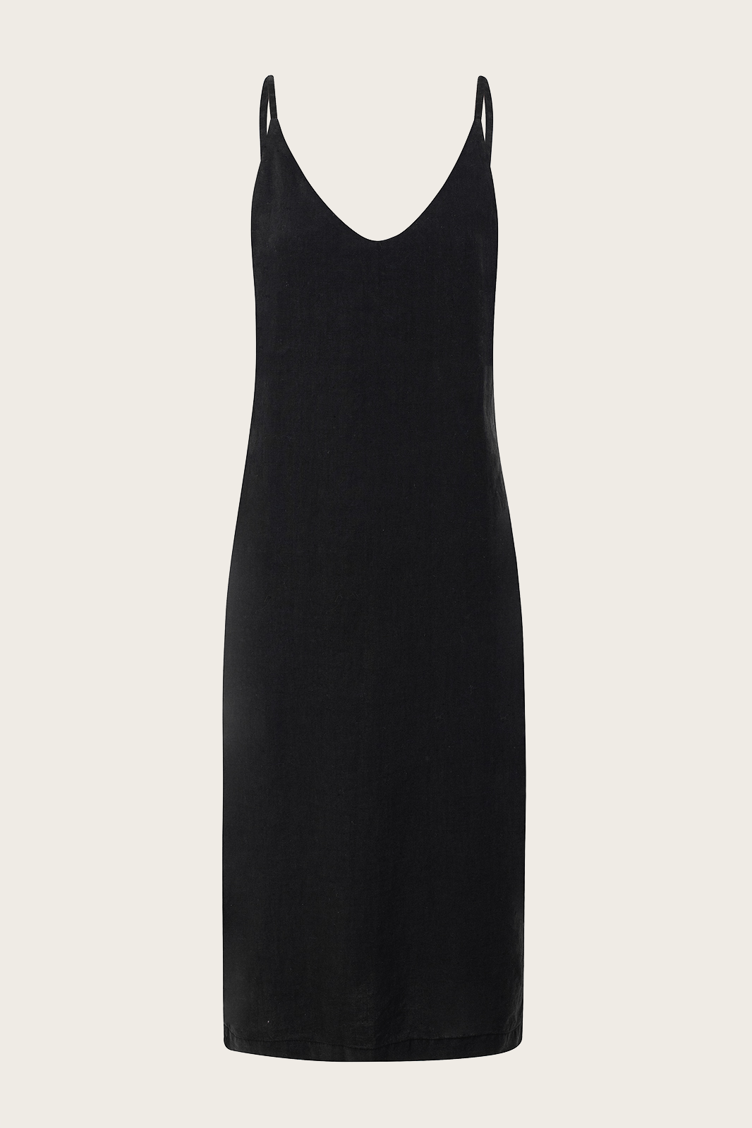 Naz's women's sustainable midi linen dress in black. Delicate straps, double fabric across the bust with hidden side pockets.