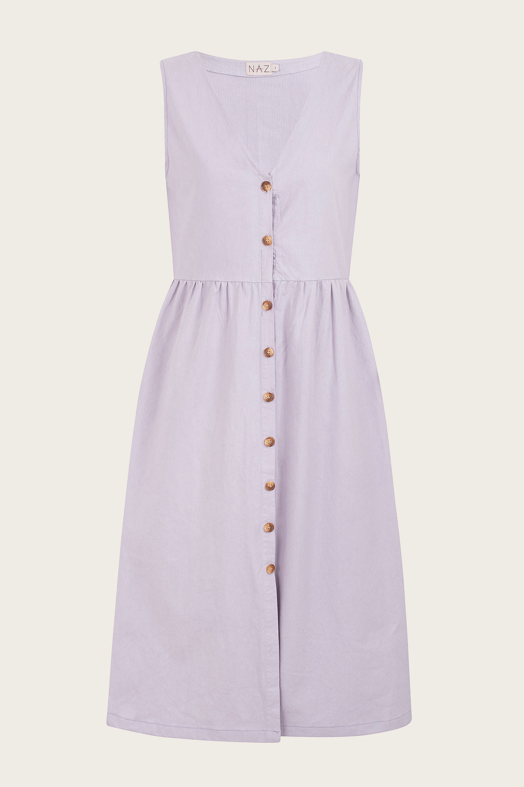Naz women's summer dress with a buttoned front and deep v-neckline. Made from deadstock cotton in Portugal for lasting quality. 
