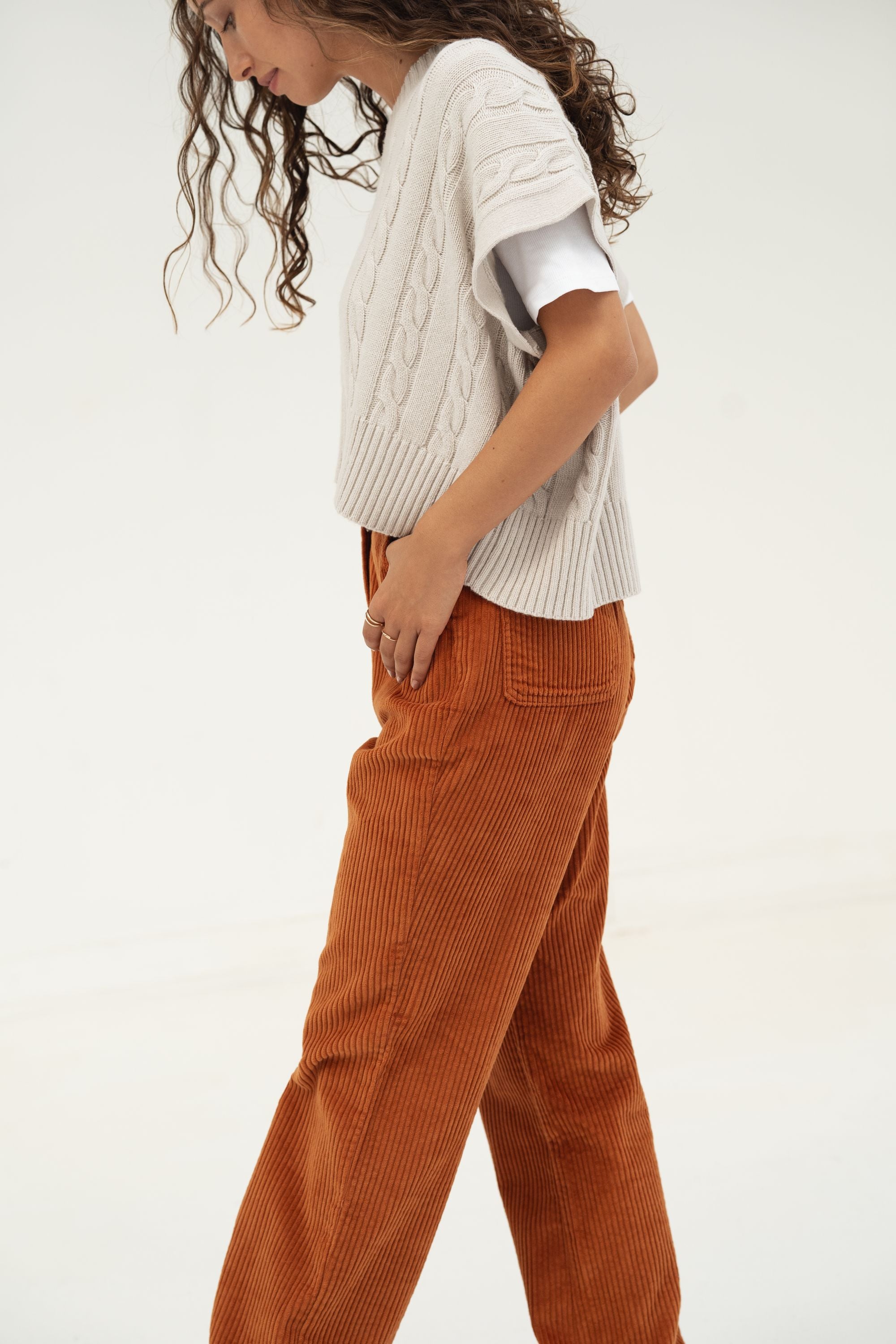 Naz women's high-waisted corduroy cotton pants with elastic on the back.