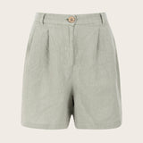 Naz women's breathable linen summer shorts in sage green. High-waisted relaxed wide fit with hidden pockets. Made in Portugal