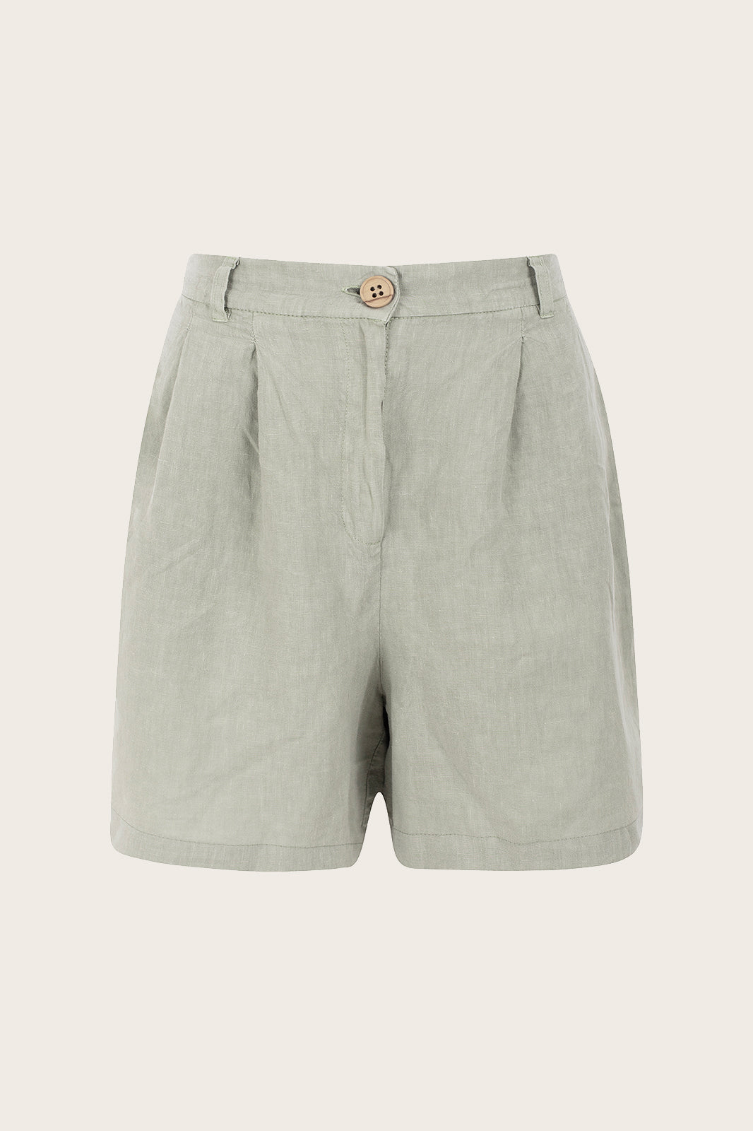 Naz women's breathable linen summer shorts in sage green. High-waisted relaxed wide fit with hidden pockets. Made in Portugal