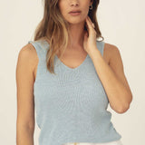 Naz women's cotton knit top for summer in light blue. Made form recycled fibers, in Portugal. 