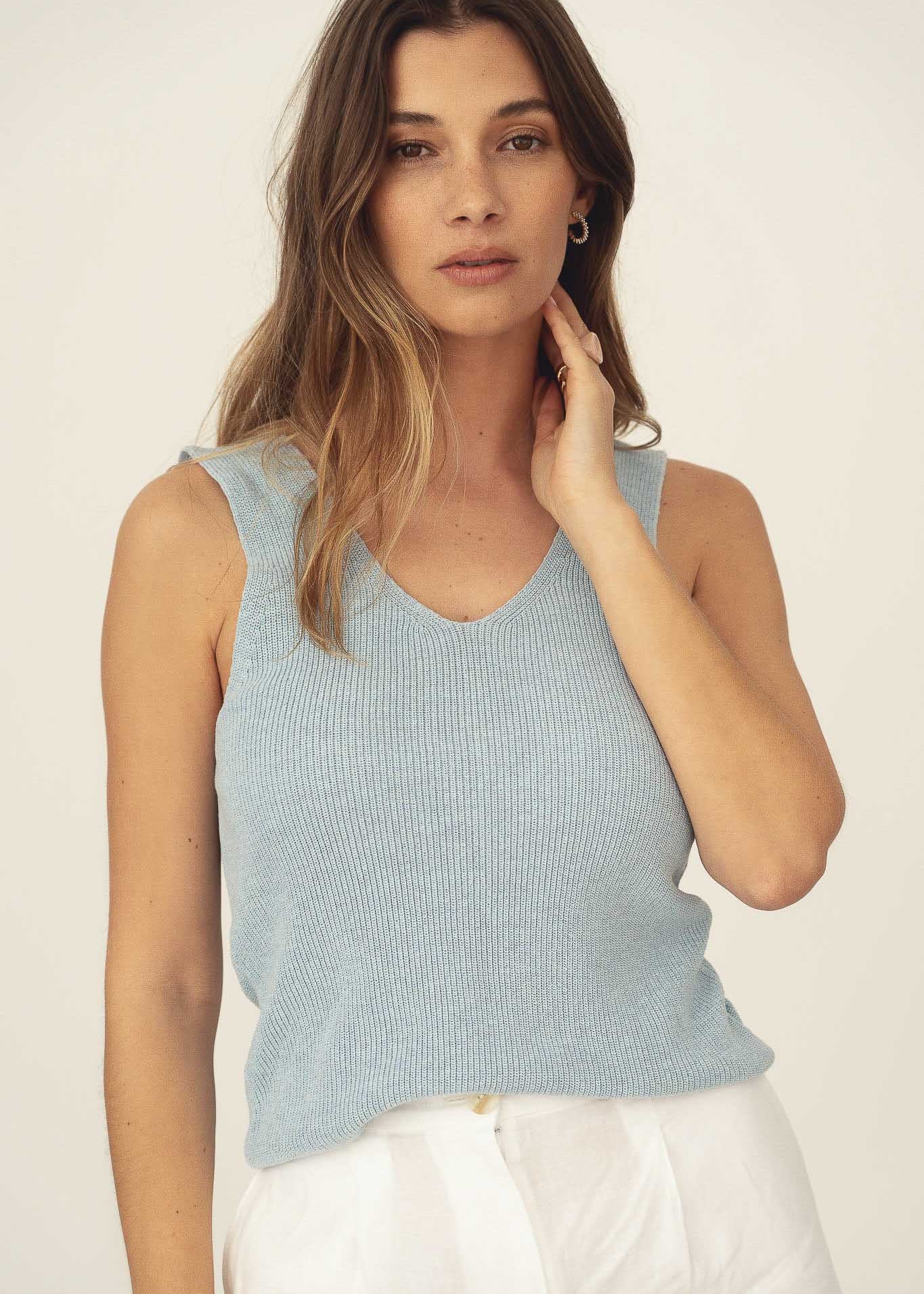 Naz women's cotton knit top for summer in light blue. Made form recycled fibers, in Portugal. 