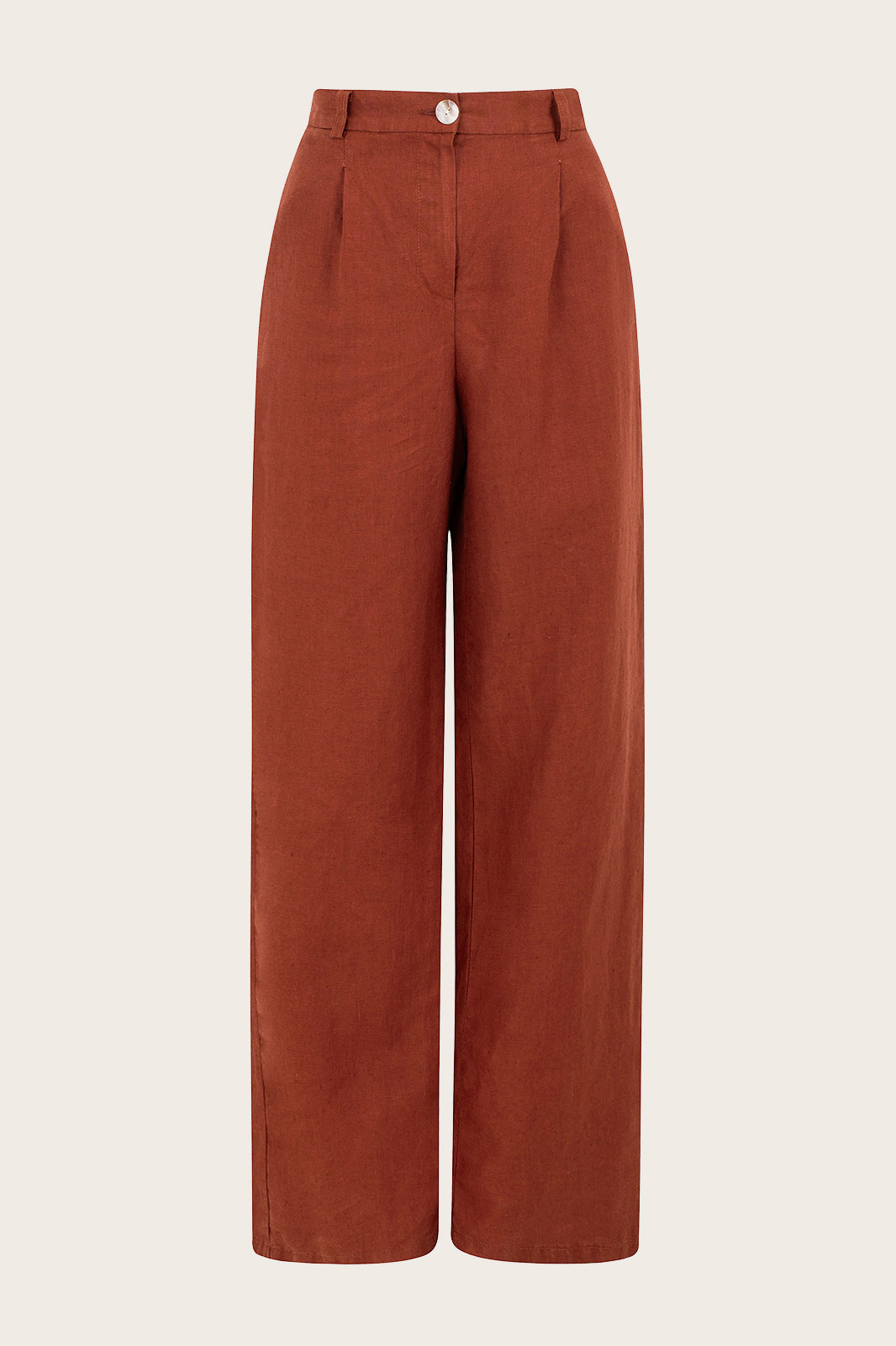 Naz women's high-waisted linen tailored pants in rust. 