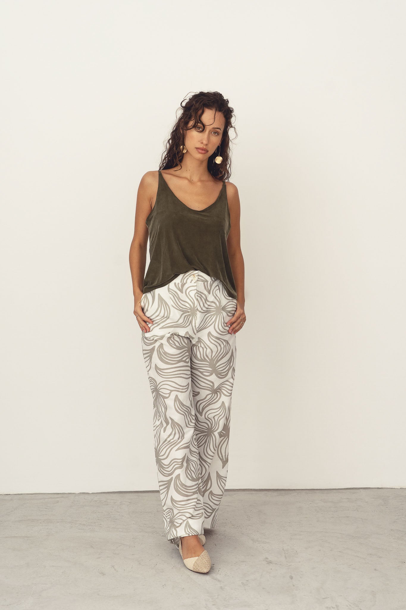 Naz women's printed linen high-waisted tailored pants. 
