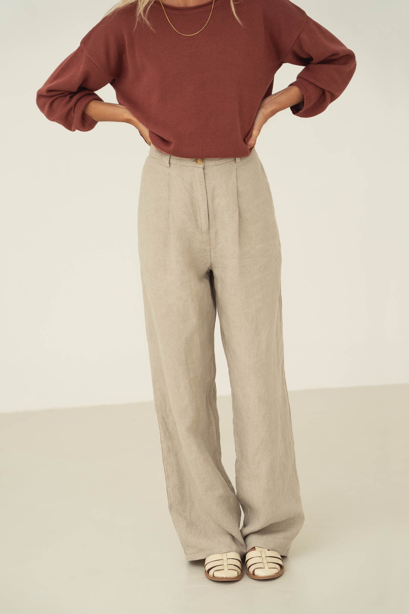 Women's 100% Linen Wide-Leg Tailored Trousers - Beige