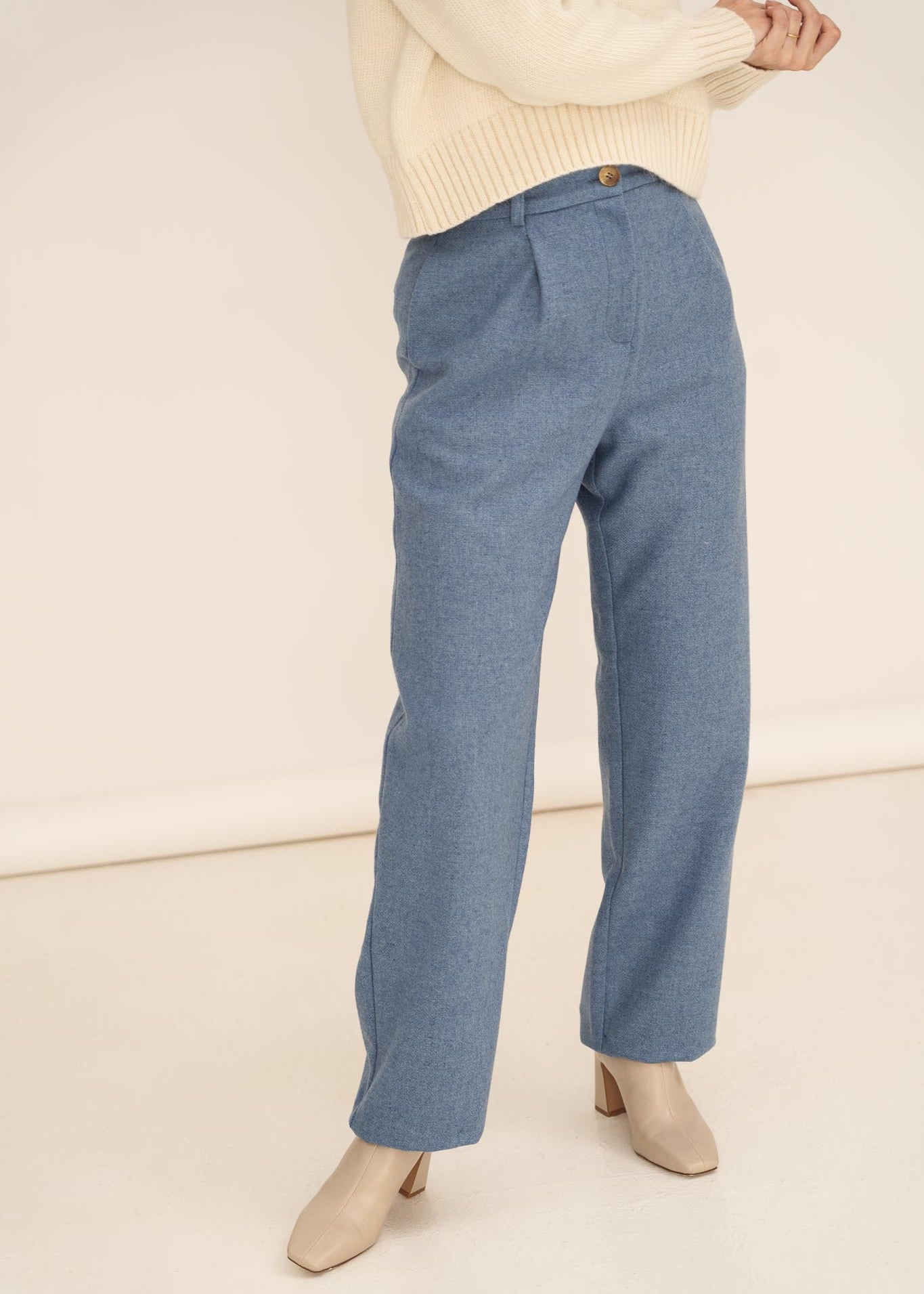 NAZ Zoe Trousers in Blue. Made with 100% Wool. Produced ethically in Portugal.