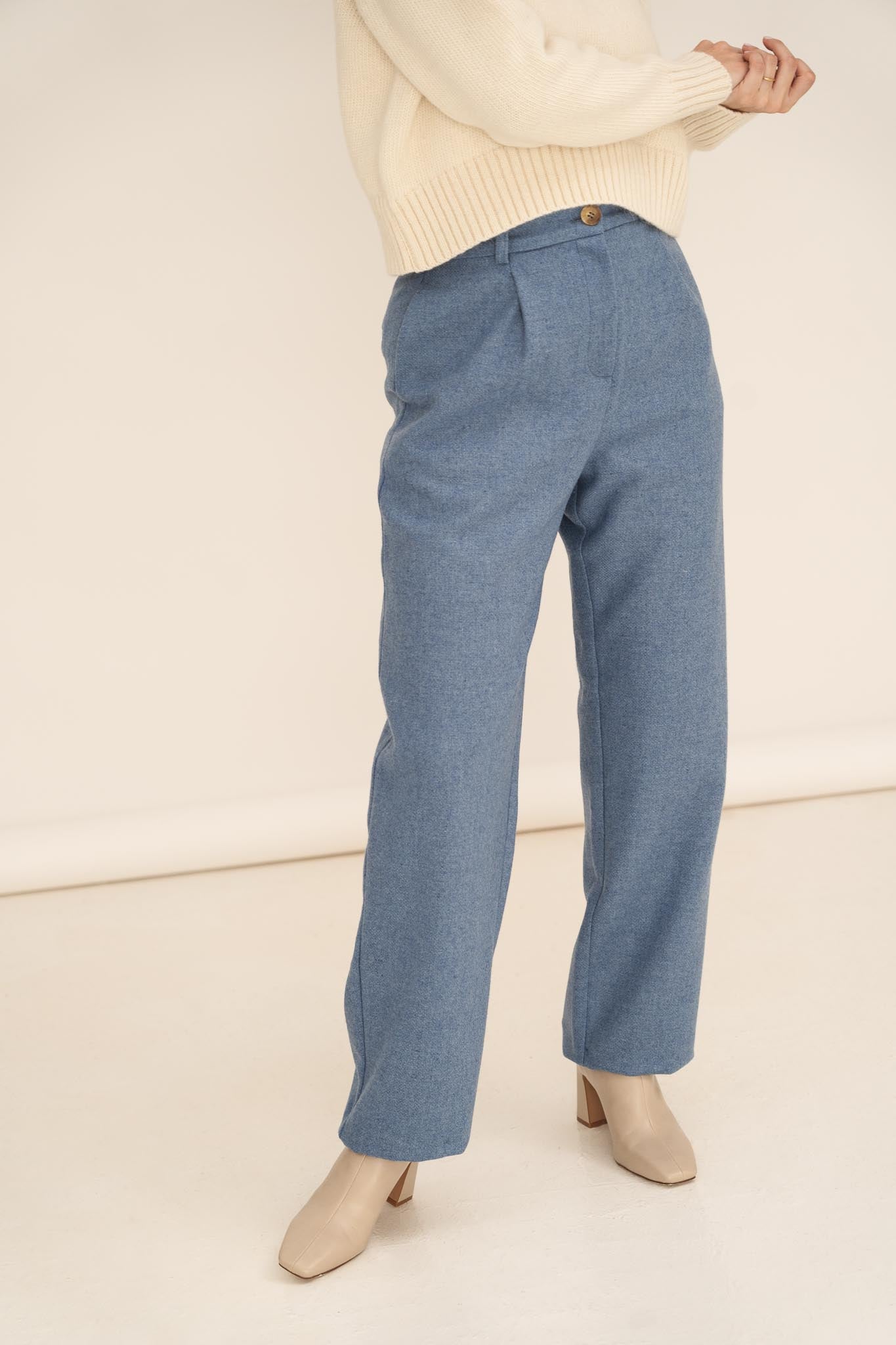 NAZ Zoe Trousers in Blue. Made with 100% Wool. Produced ethically in Portugal.