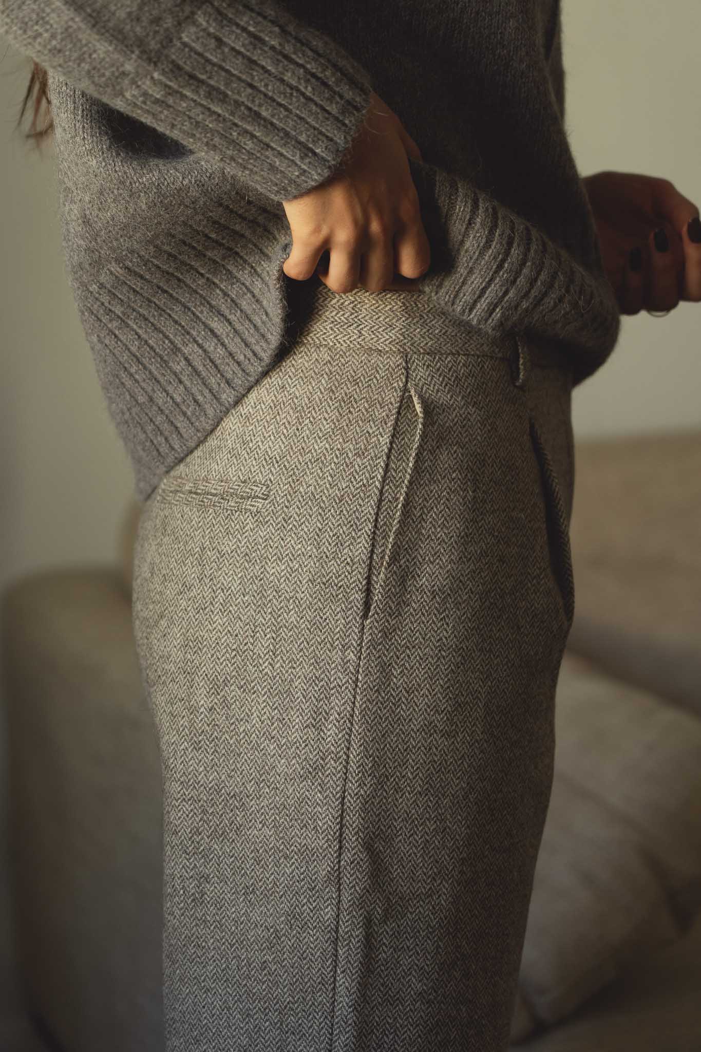 NAZ Zoe Trousers in Herringbone. Made with 100% Wool. Produced ethically in Portugal.