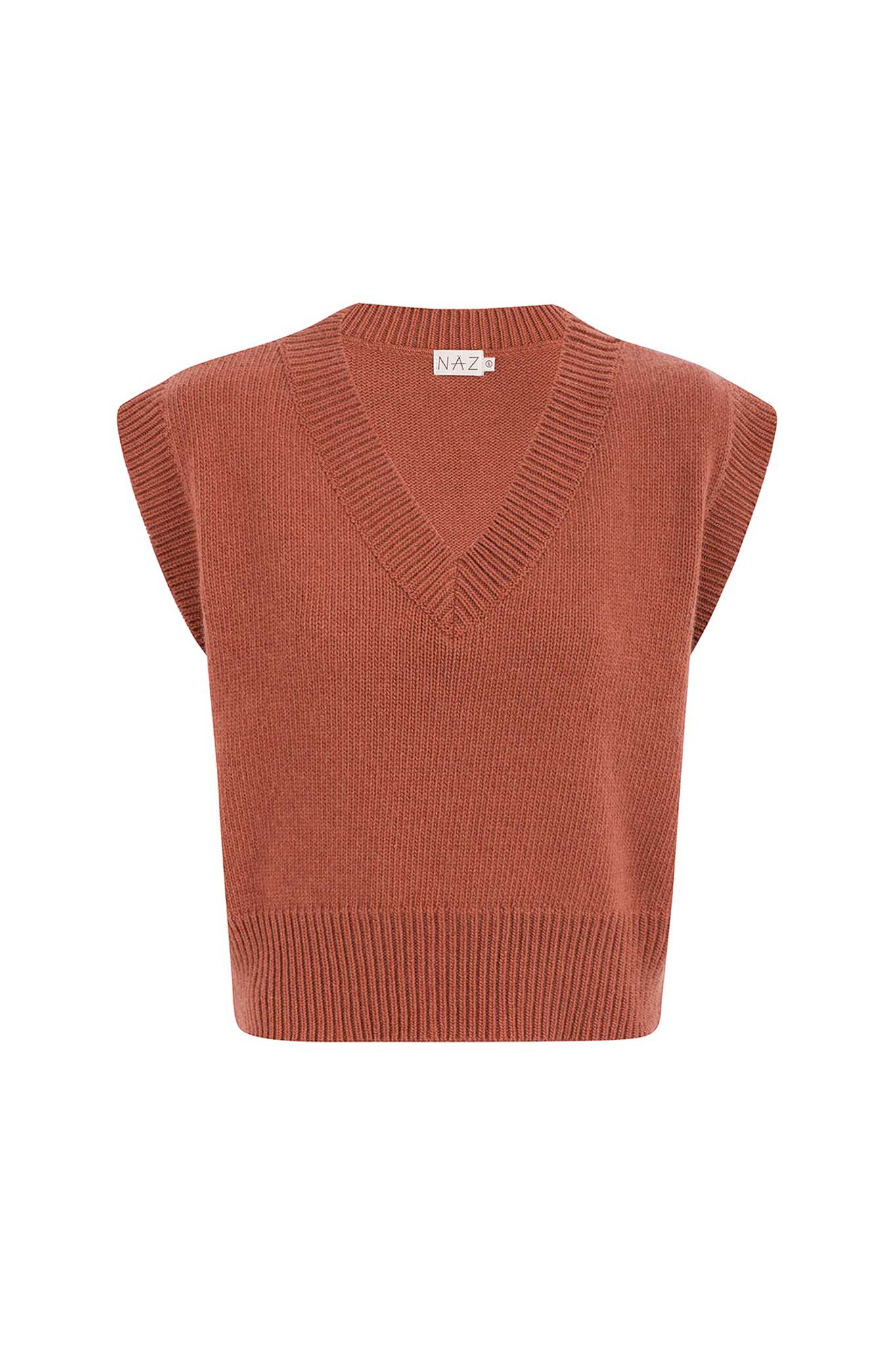 NAZ Alice Knit Vest in Brick. Made with 100% Recycled Wool.