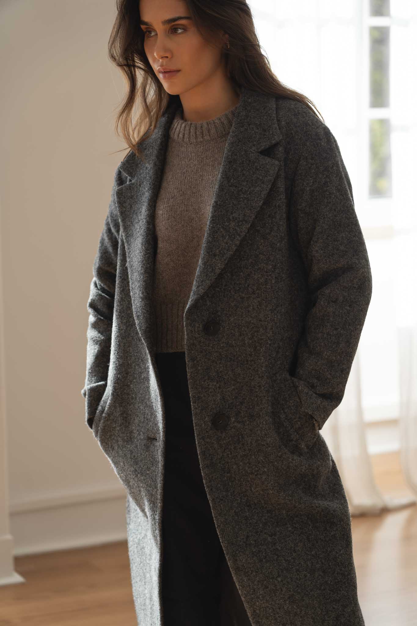 NAZ Noah Overcoat in Grey. Made with 100% Undyed Wool. Produced ethically in Portugal.