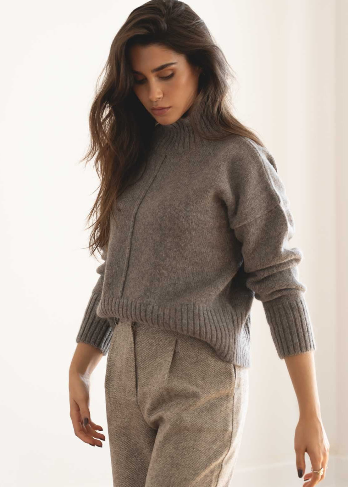 NAZ Emma Sweater in Brown. Made with 50% Recycled Aplaca and 50% Recycled Wool. Produced ethically in Portugal.