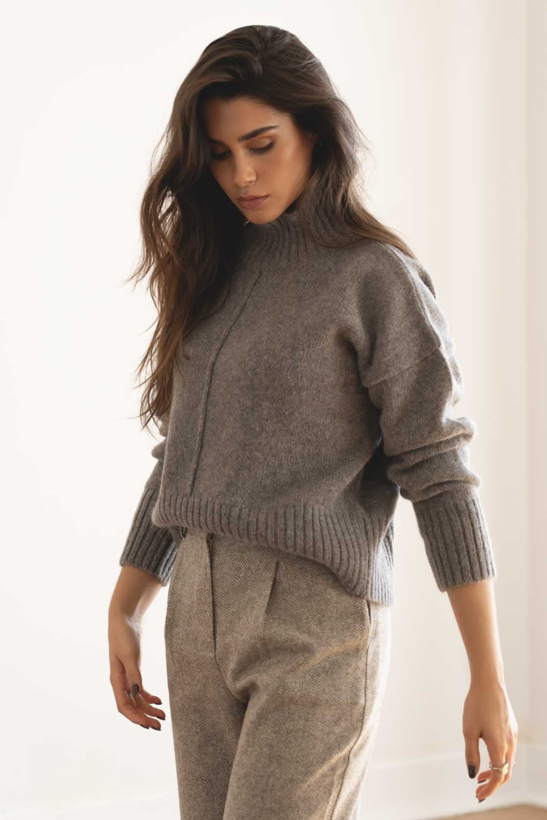 NAZ Emma Sweater in Brown. Made with 50% Recycled Aplaca and 50% Recycled Wool. Produced ethically in Portugal.