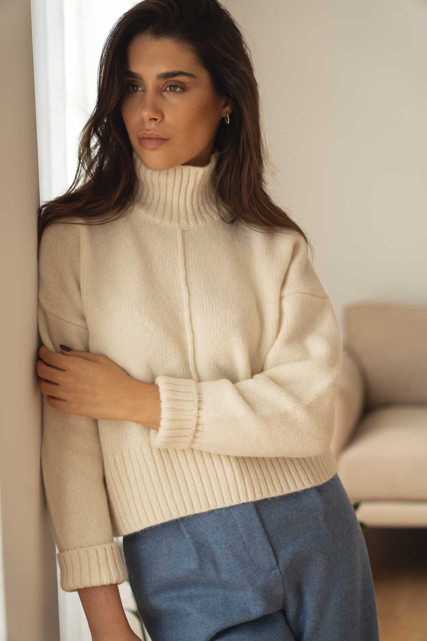 NAZ Emma Sweater in White. Made with 50% Recycled Aplaca and 50% Recycled Wool. Produced ethically in Portugal.