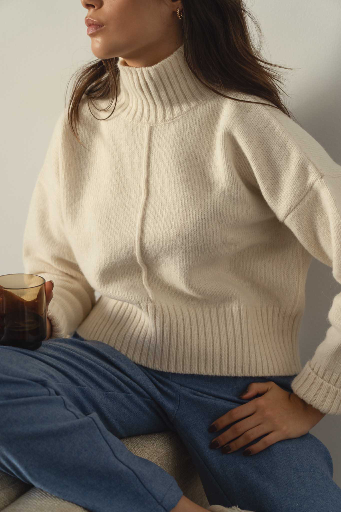 NAZ Emma Sweater in White. Made with 50% Recycled Aplaca and 50% Recycled Wool. Produced ethically in Portugal.