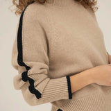 NAZ Agnes Sweater in Beige. Featuring a Navy color block detail. Made with 100% Recycled Wool.