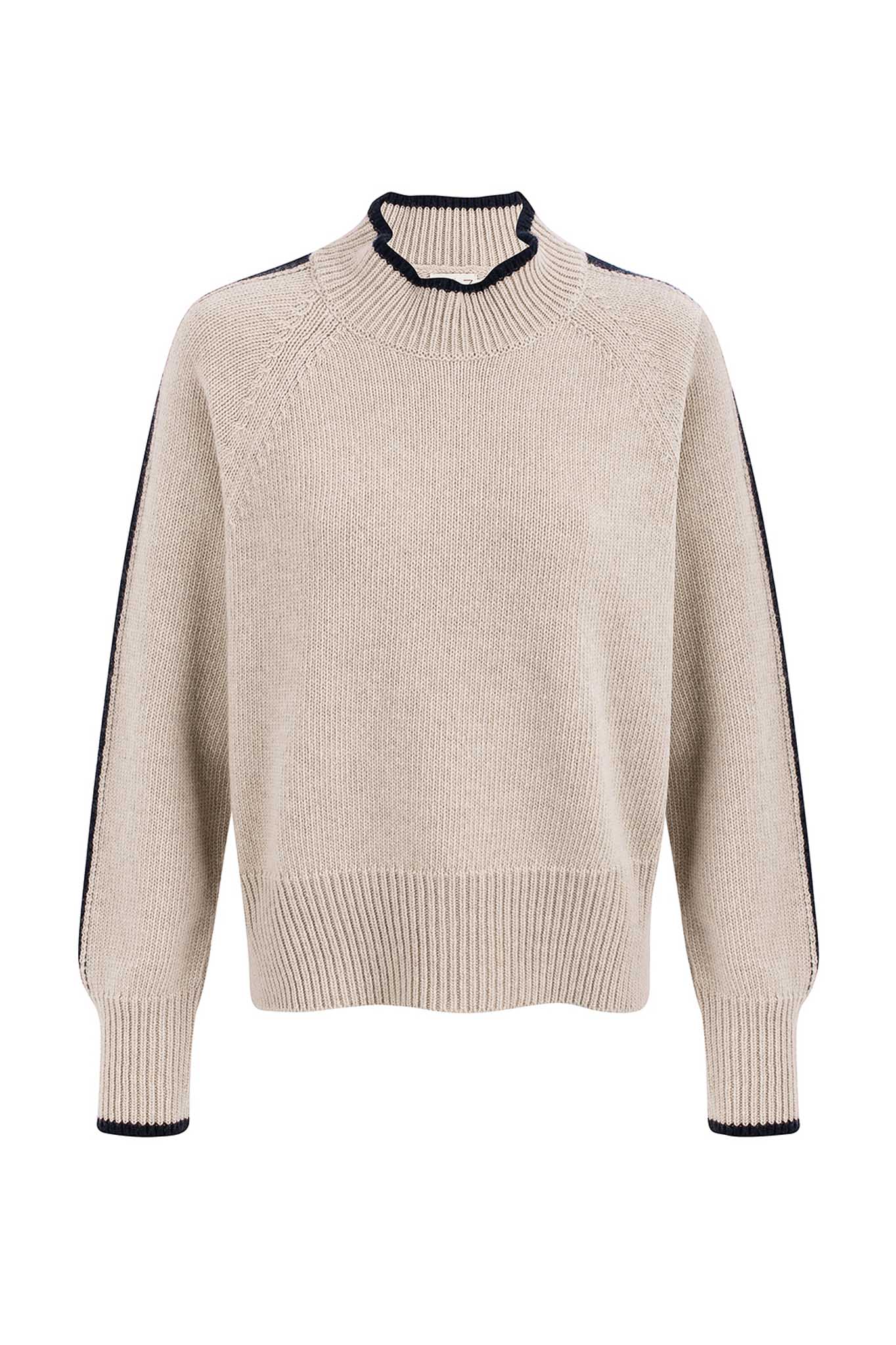 NAZ Agnes Sweater in Beige. Featuring a Navy color block detail. Made with 100% Recycled Wool.