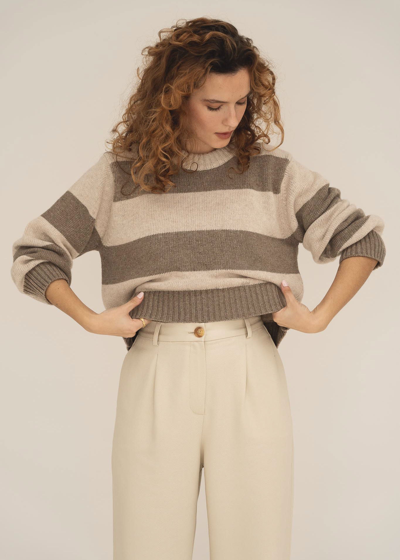 NAZ Mia Striped Sweater in Beige. Made with Recycled Polyamide and Wool. Produced ethically in Portugal.