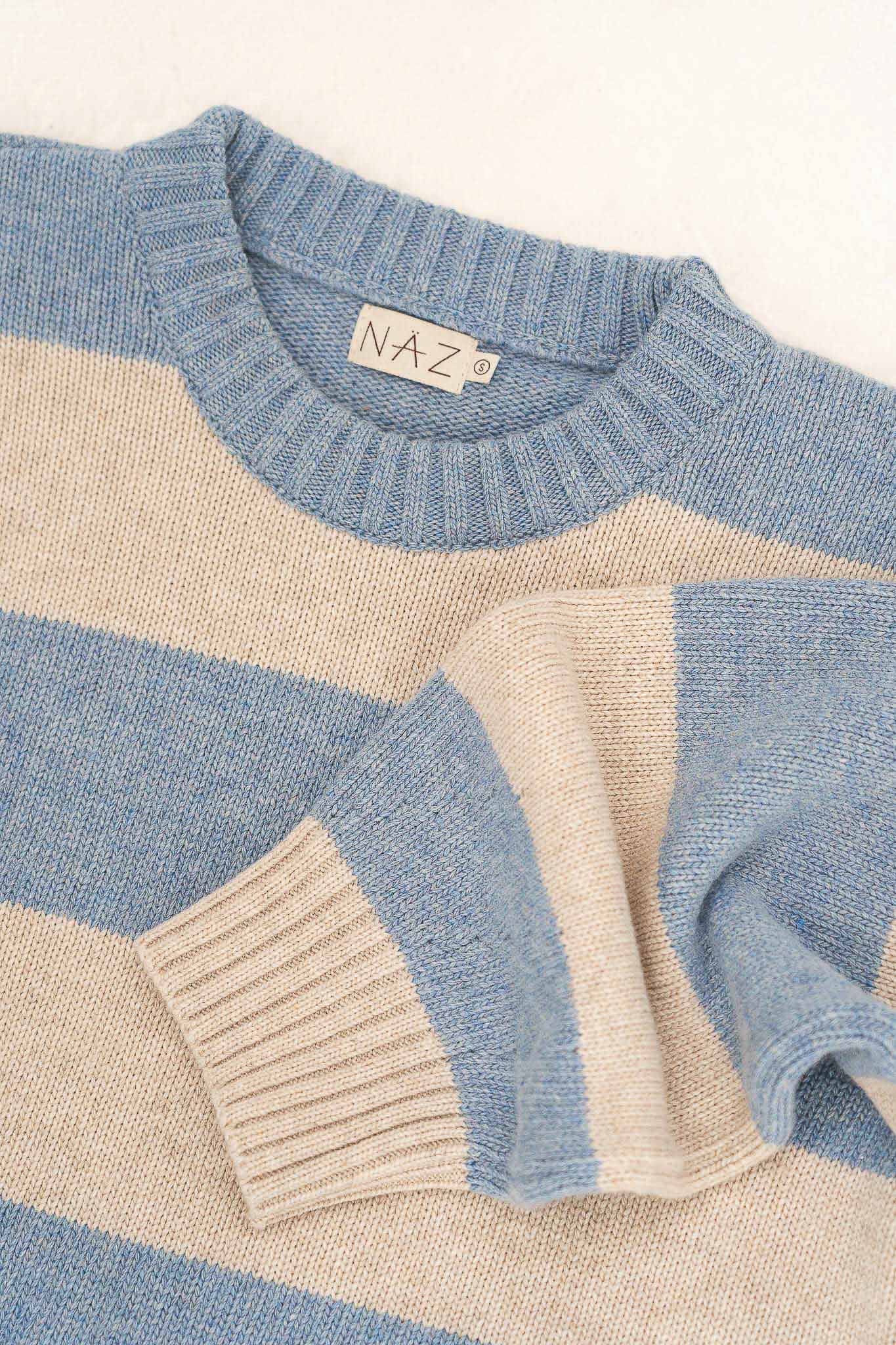 NAZ Mia Striped Sweater in Blue. Made with Recycled Polyamide and Wool. Produced ethically in Portugal.