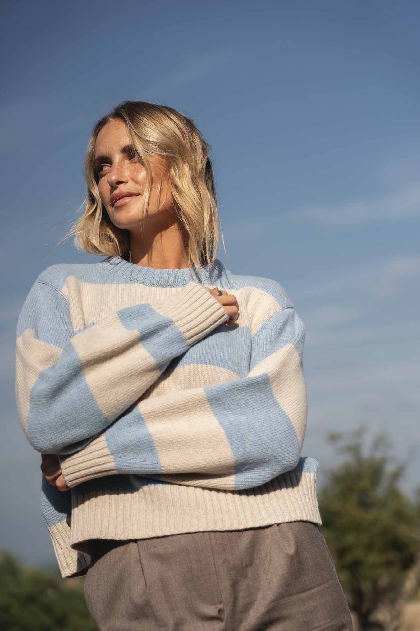 NAZ Mia Striped Sweater in Blue. Made with Recycled Polyamide and Wool. Produced ethically in Portugal.