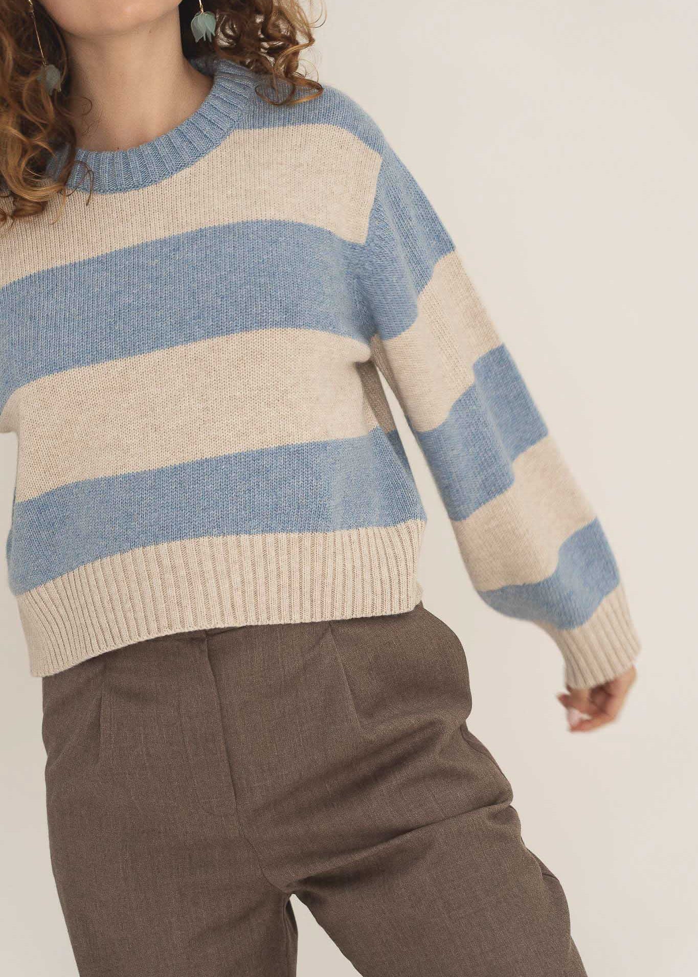 NAZ Mia Striped Sweater in Blue. Made with Recycled Polyamide and Wool. Produced ethically in Portugal.