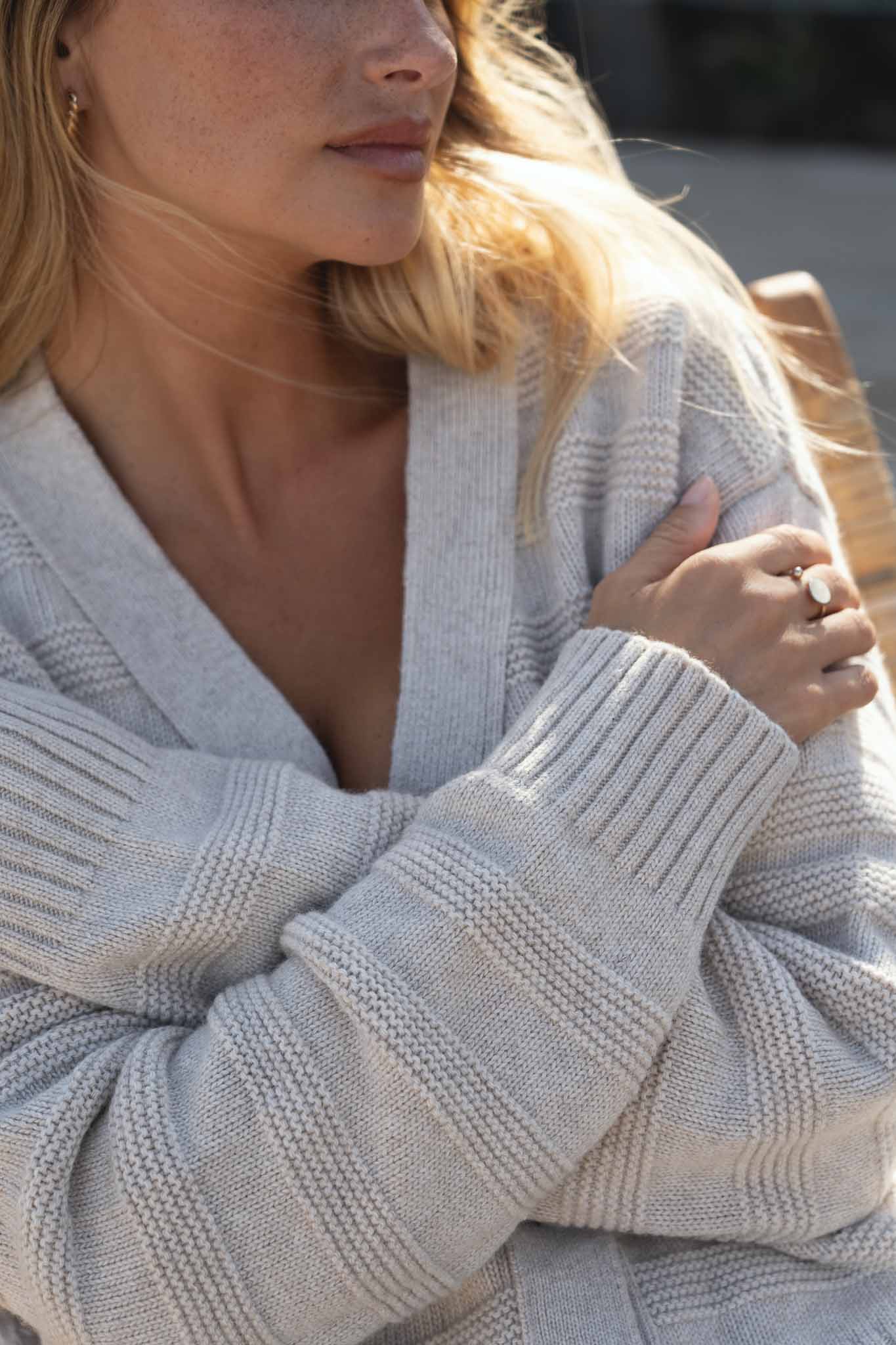 NAZ Sophia Knit Cardigan in Beige. Made with Recycled Polyamide and Wool. Produced ethically in Portugal.