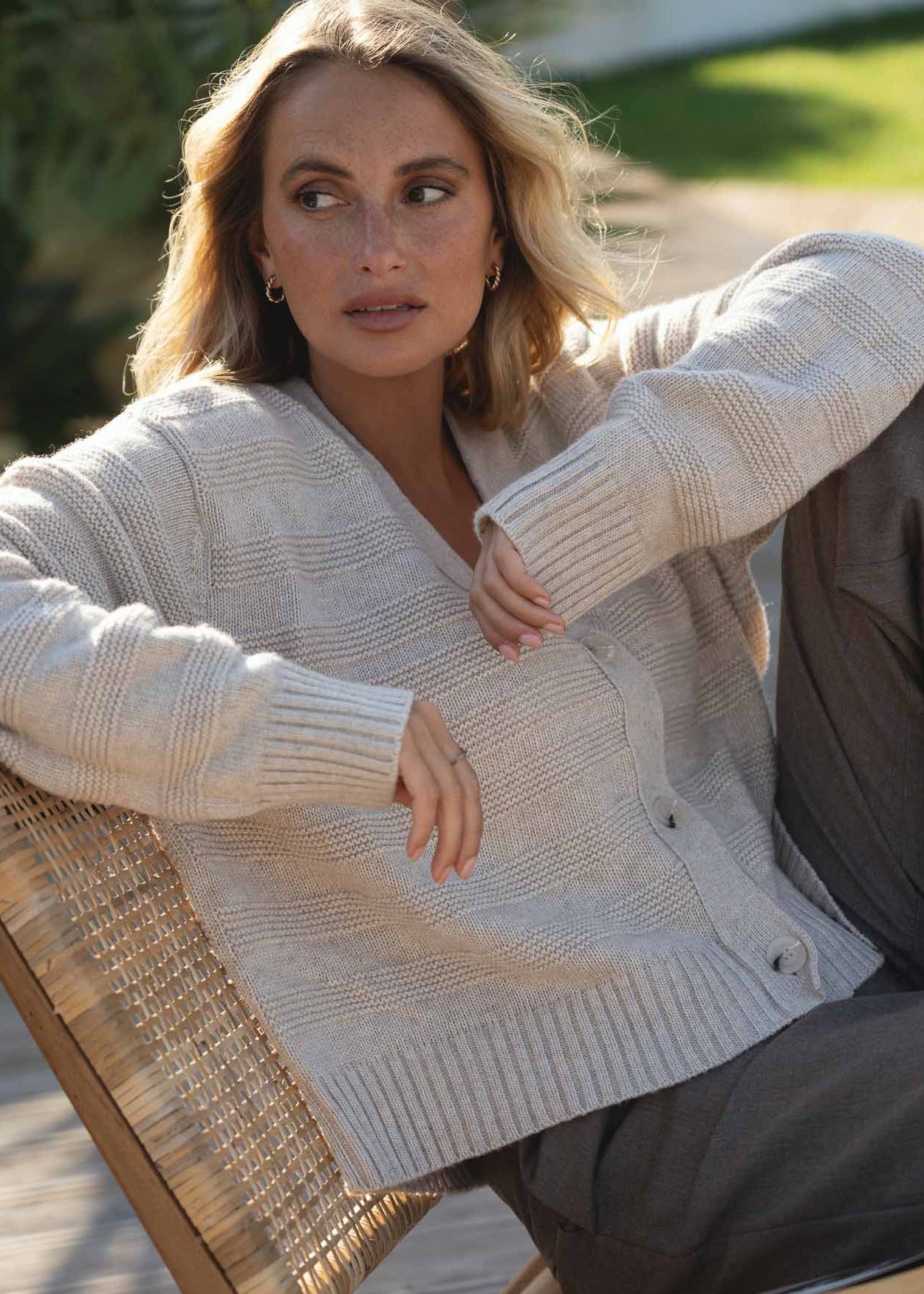 NAZ Sophia Knit Cardigan in Beige. Made with Recycled Polyamide and Wool. Produced ethically in Portugal.