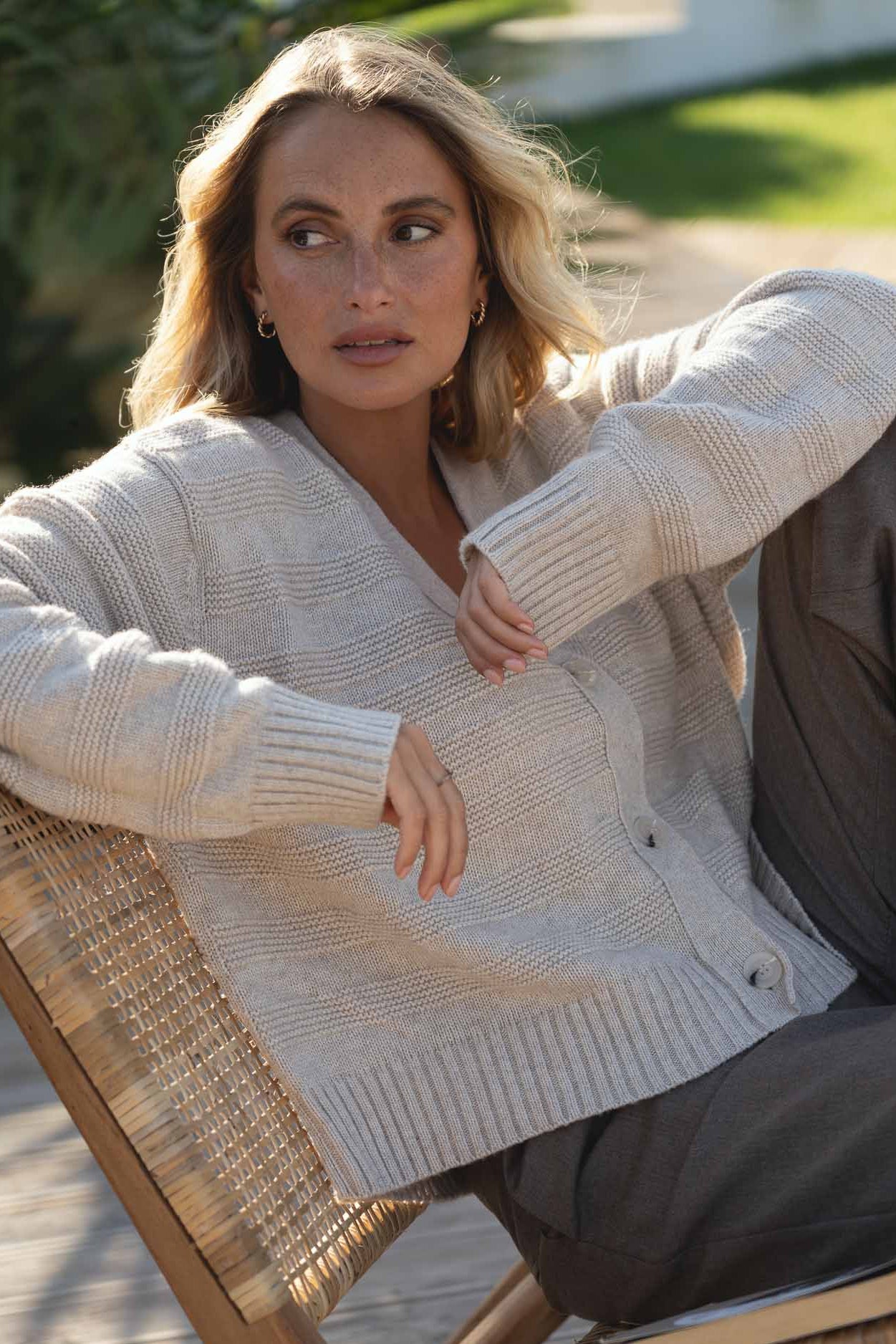 NAZ Sophia Knit Cardigan in Beige. Made with Recycled Polyamide and Wool. Produced ethically in Portugal.