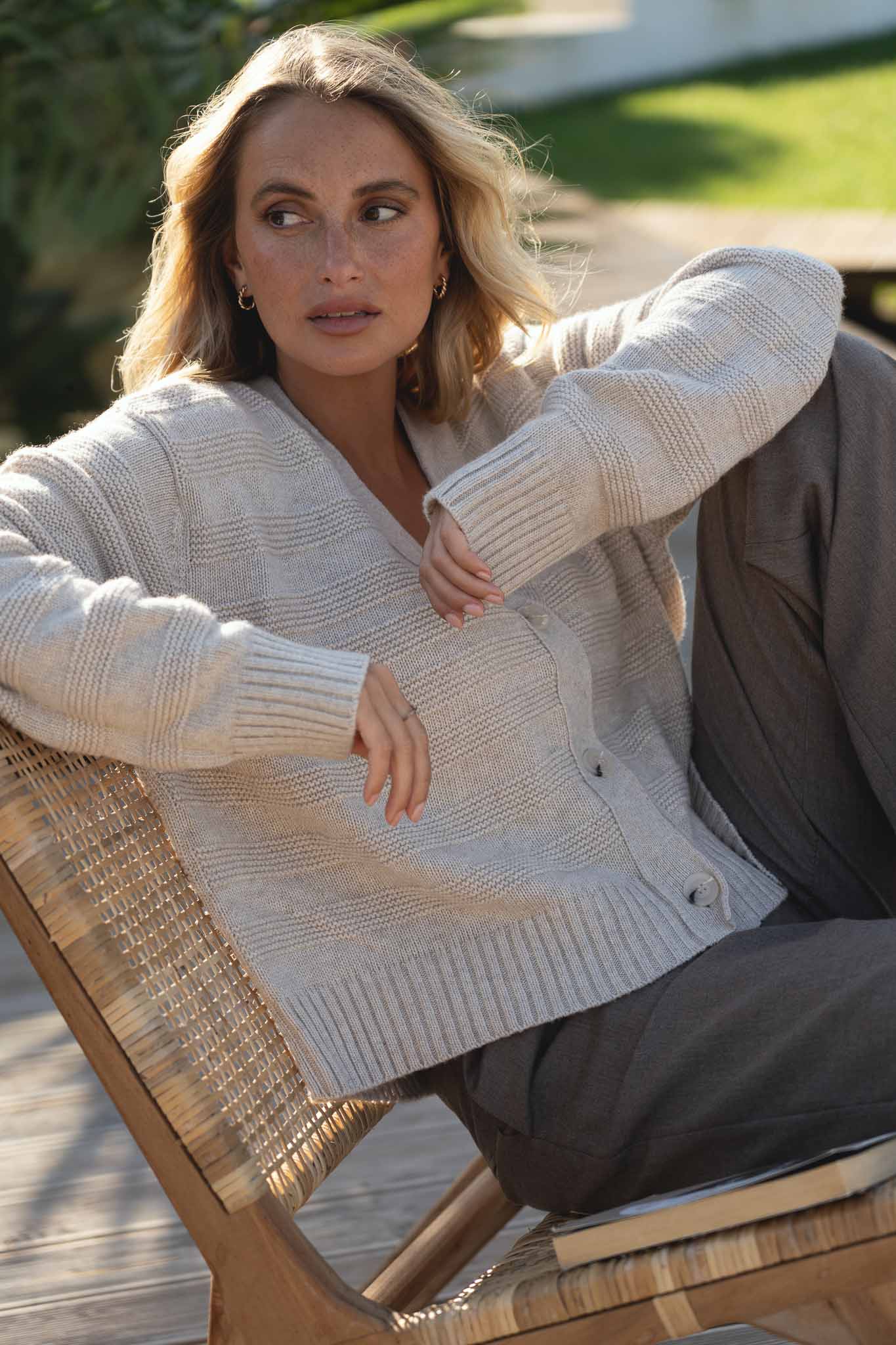 NAZ Sophia Knit Cardigan in Beige. Made with Recycled Polyamide and Wool. Produced ethically in Portugal.