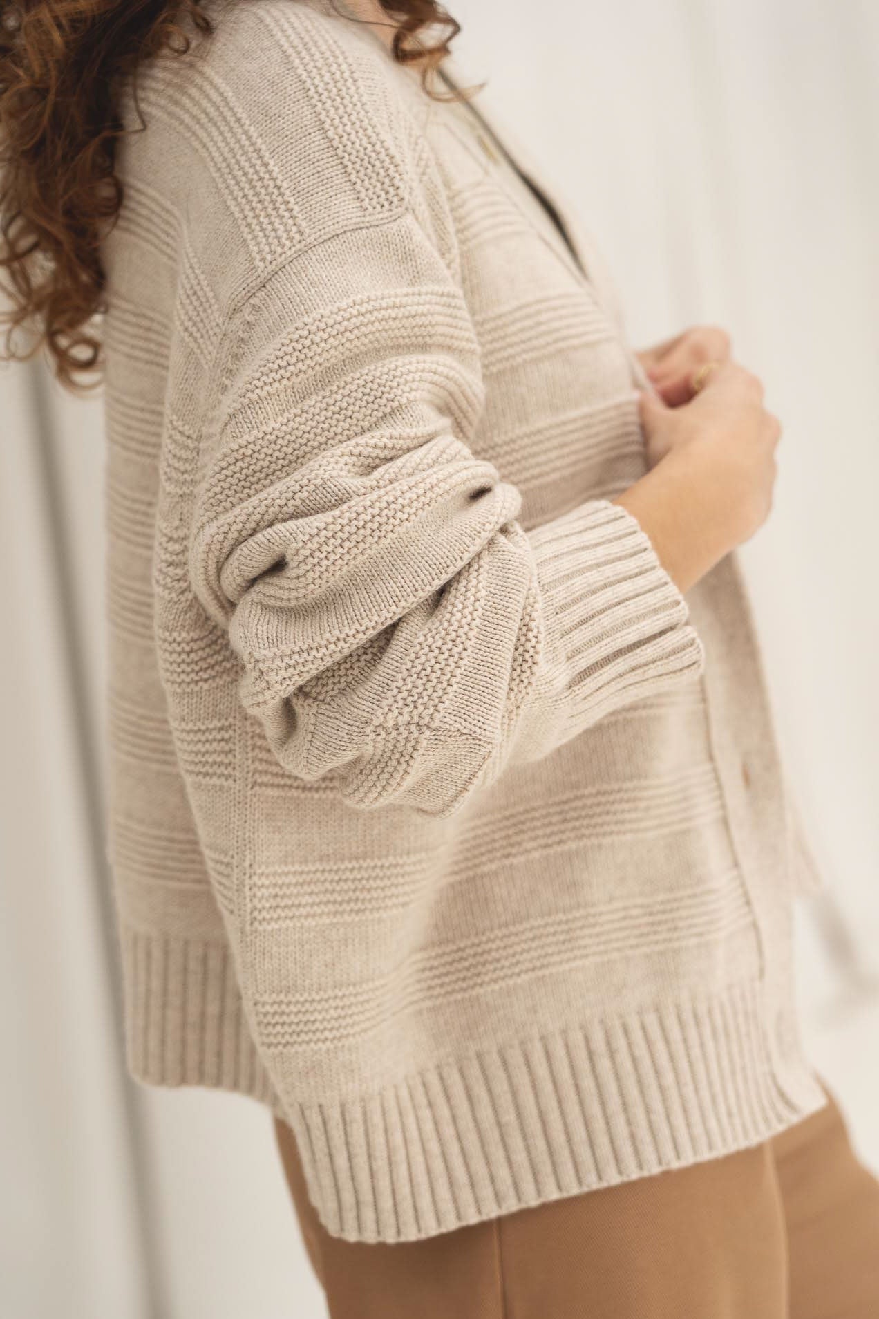 NAZ Sophia Knit Cardigan in Beige. Made with Recycled Polyamide and Wool. Produced ethically in Portugal.