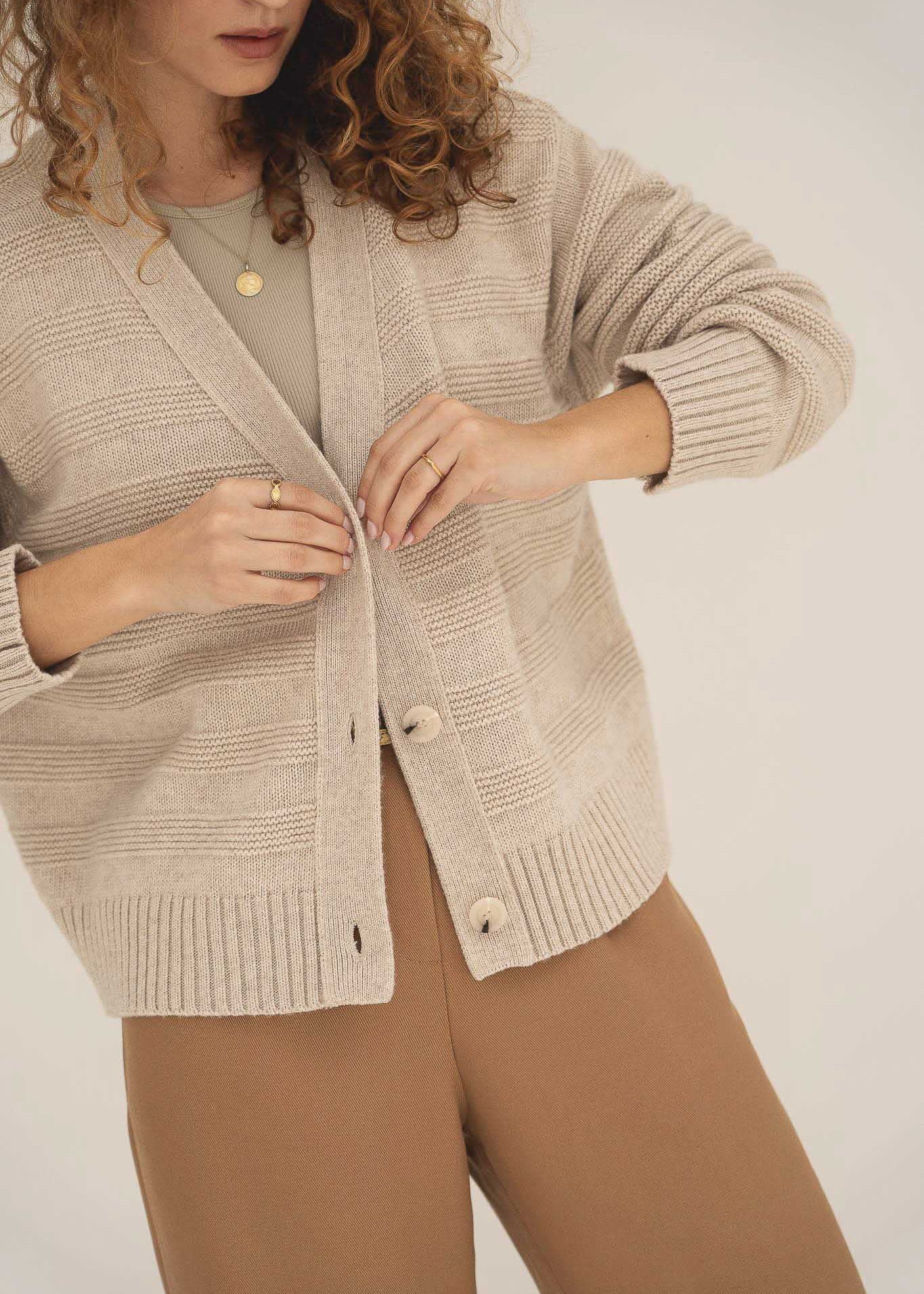 NAZ Sophia Knit Cardigan in Beige. Made with Recycled Polyamide and Wool. Produced ethically in Portugal.