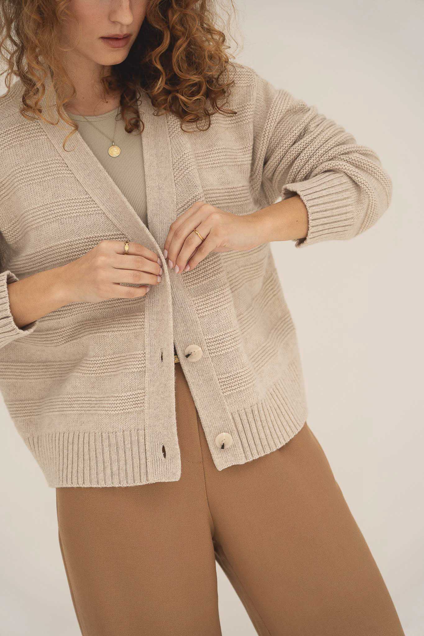 NAZ Sophia Knit Cardigan in Beige. Made with Recycled Polyamide and Wool. Produced ethically in Portugal.