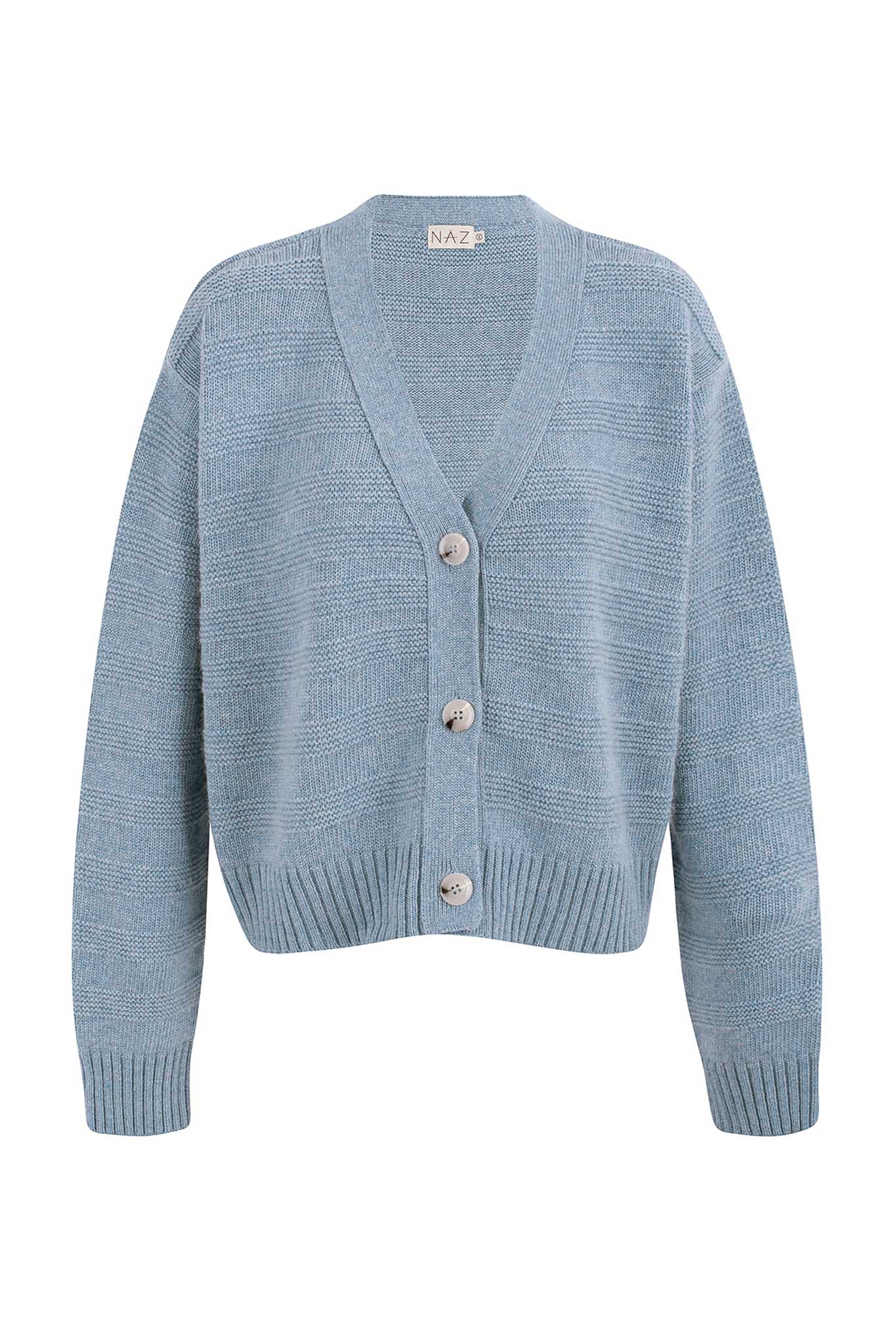 NAZ Sophia Knit Cardigan in Blue. Made with Recycled Polyamide and Wool. Produced ethically in Portugal.