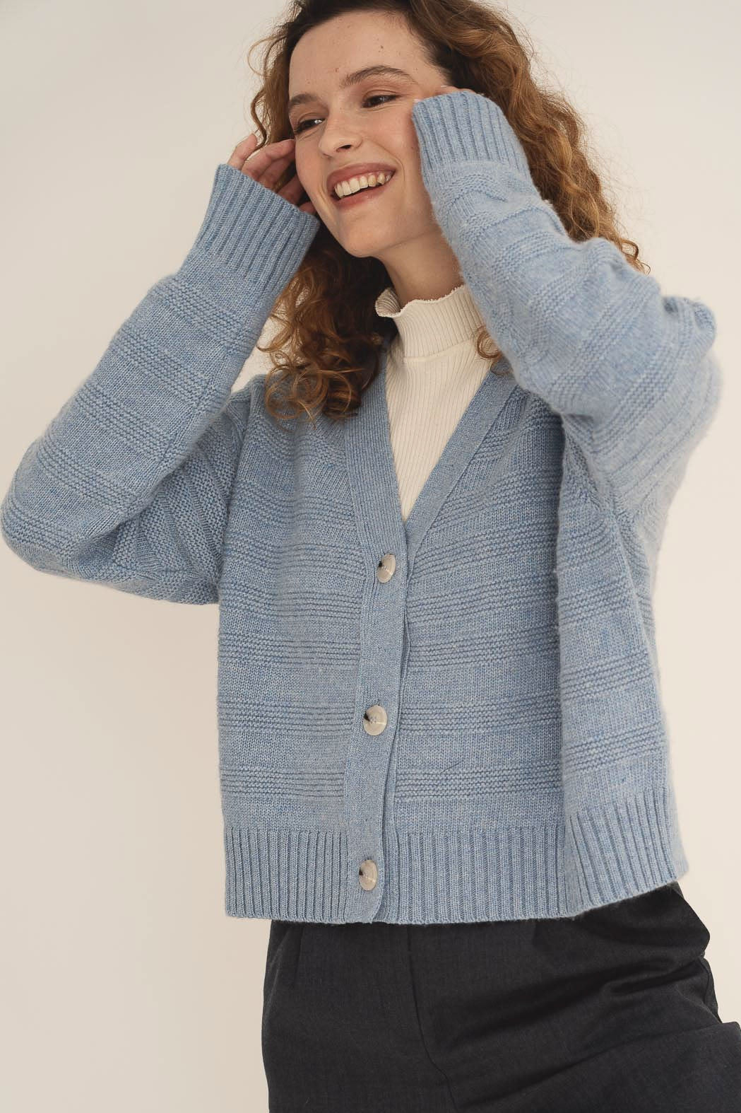 NAZ Sophia Knit Cardigan in Blue. Made with Recycled Polyamide and Wool. Produced ethically in Portugal.