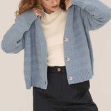 NAZ Sophia Knit Cardigan in Blue. Made with Recycled Polyamide and Wool. Produced ethically in Portugal.