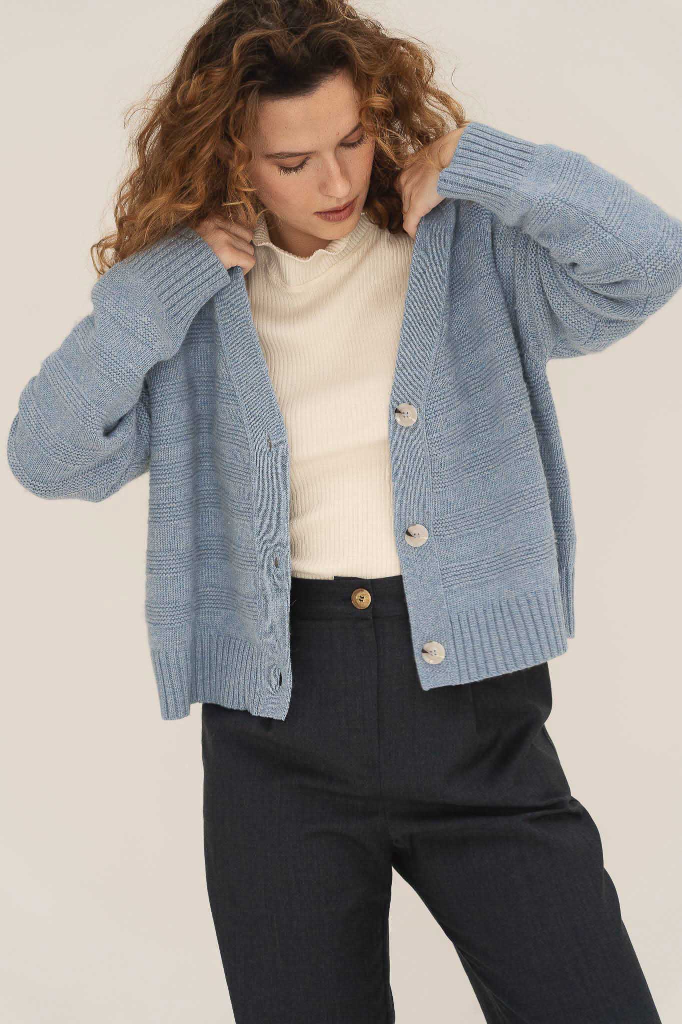 NAZ Sophia Knit Cardigan in Blue. Made with Recycled Polyamide and Wool. Produced ethically in Portugal.