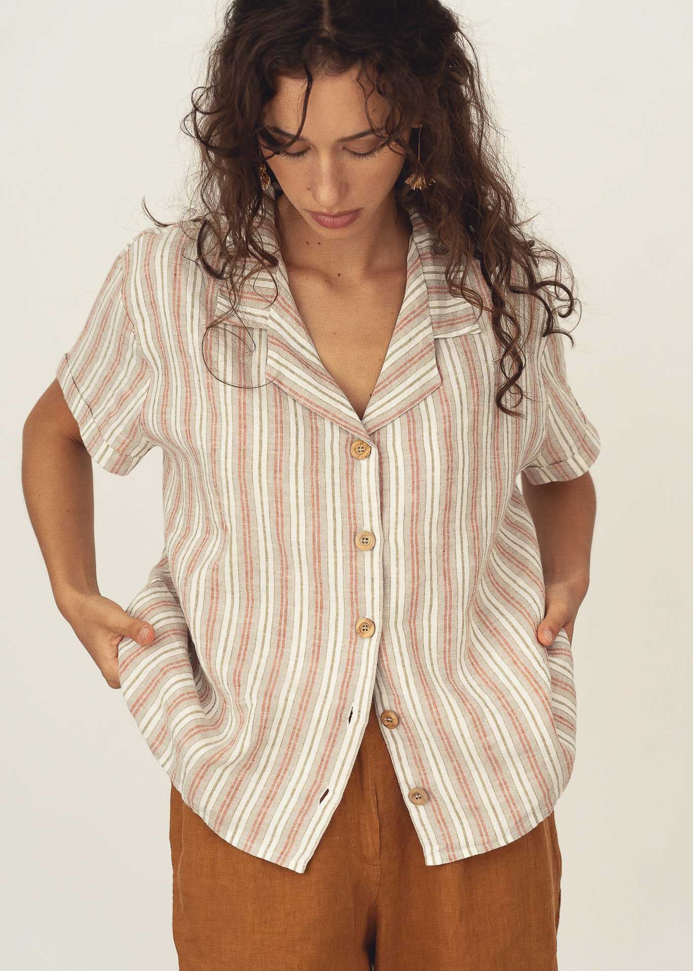 women cotton red striped short-sleeve spring shirt