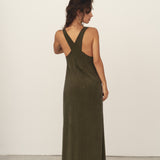 Naz women's cupro midi dress in dark green. Side slit high neckline cross-over back.