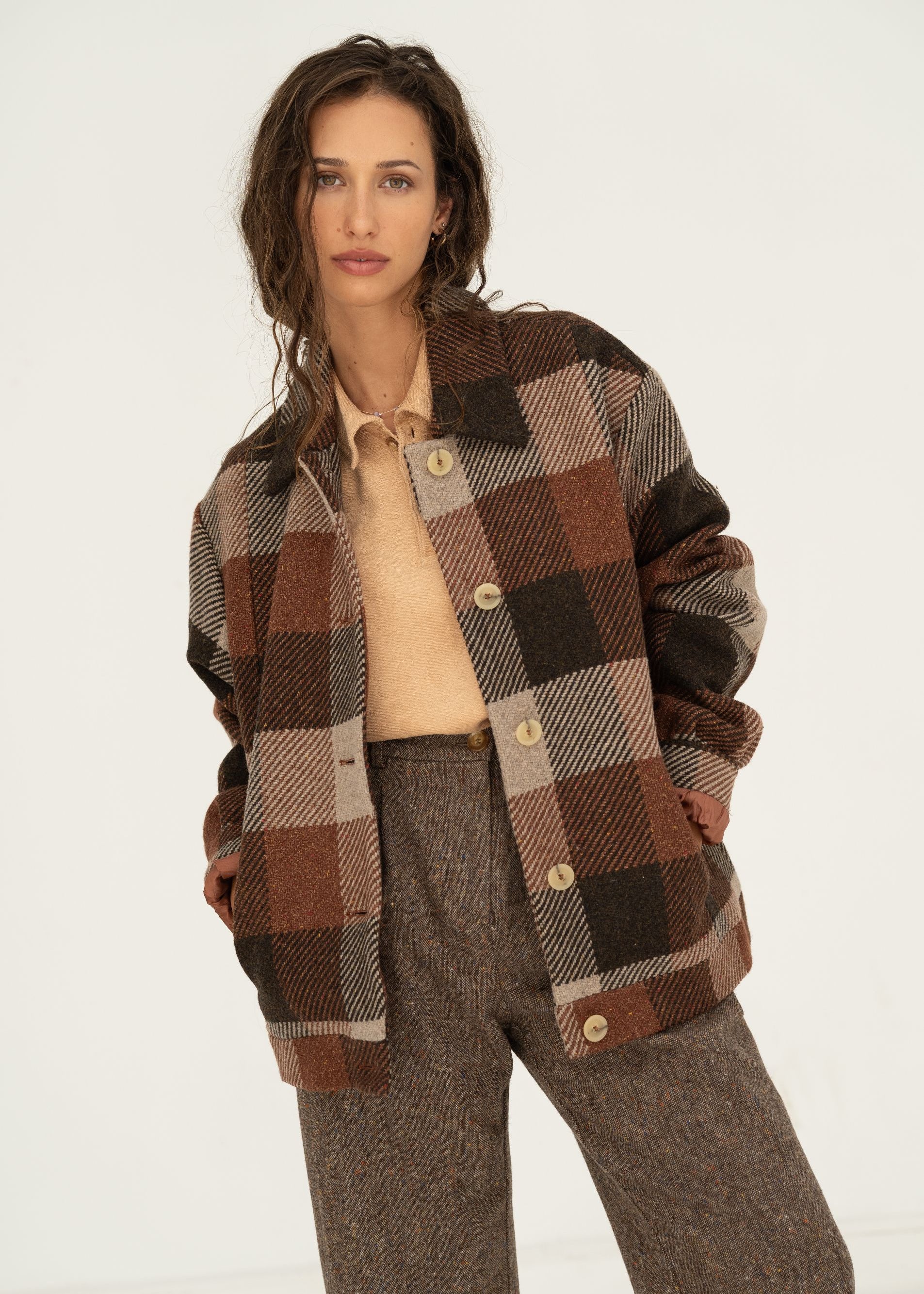 Naz women's checkered oversize fit winter coat in brown