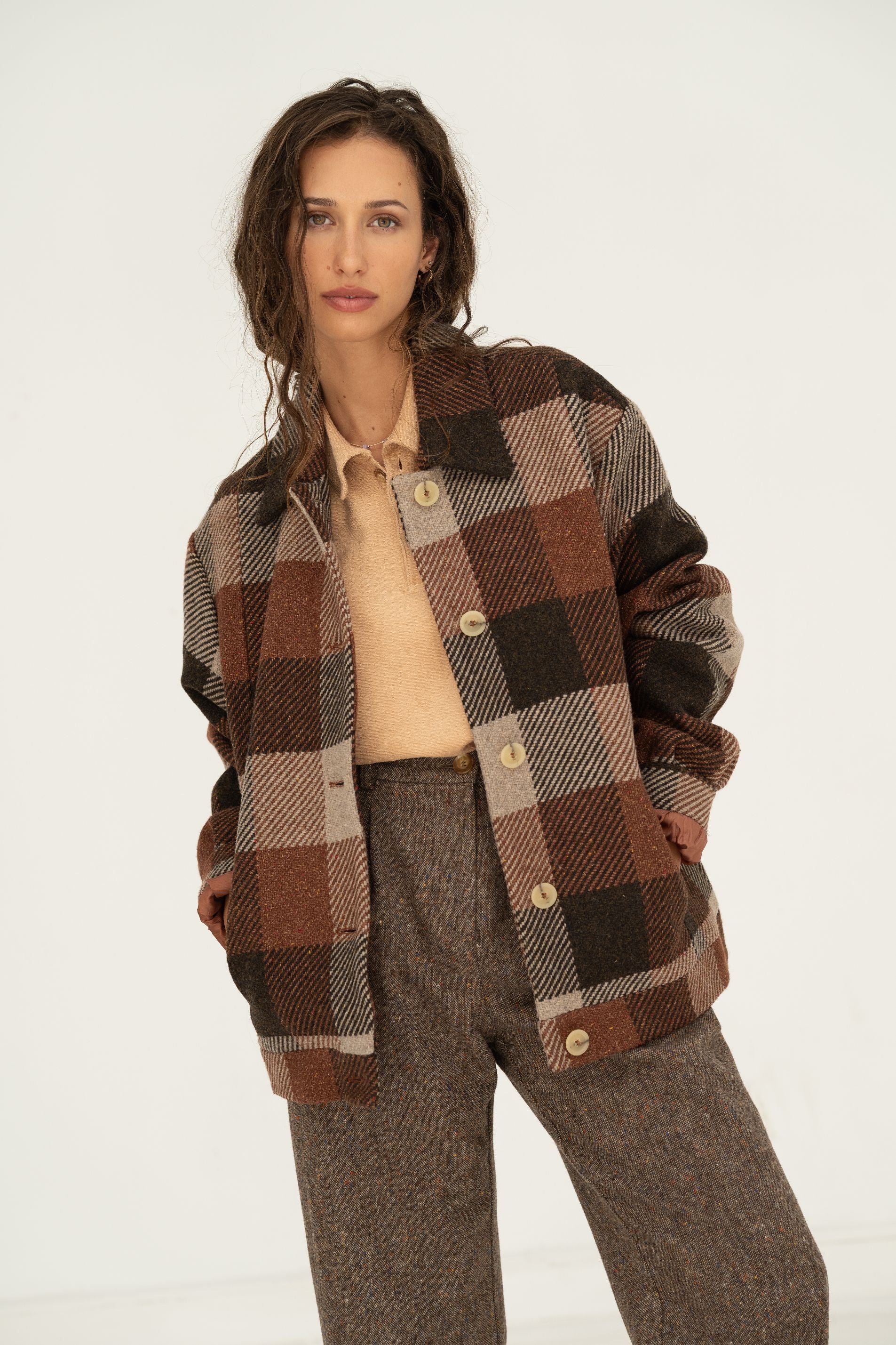Naz women's checkered oversize fit winter coat in brown