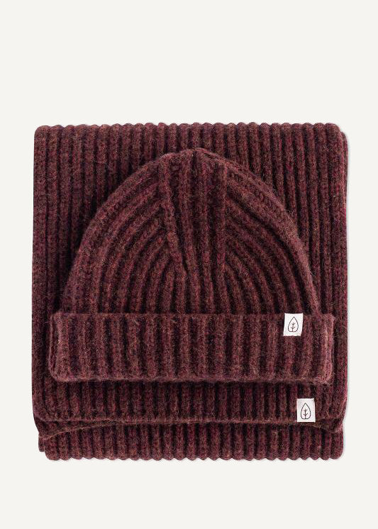 Naz women's recycle wool winter set. Beanie and scarf in brown. 